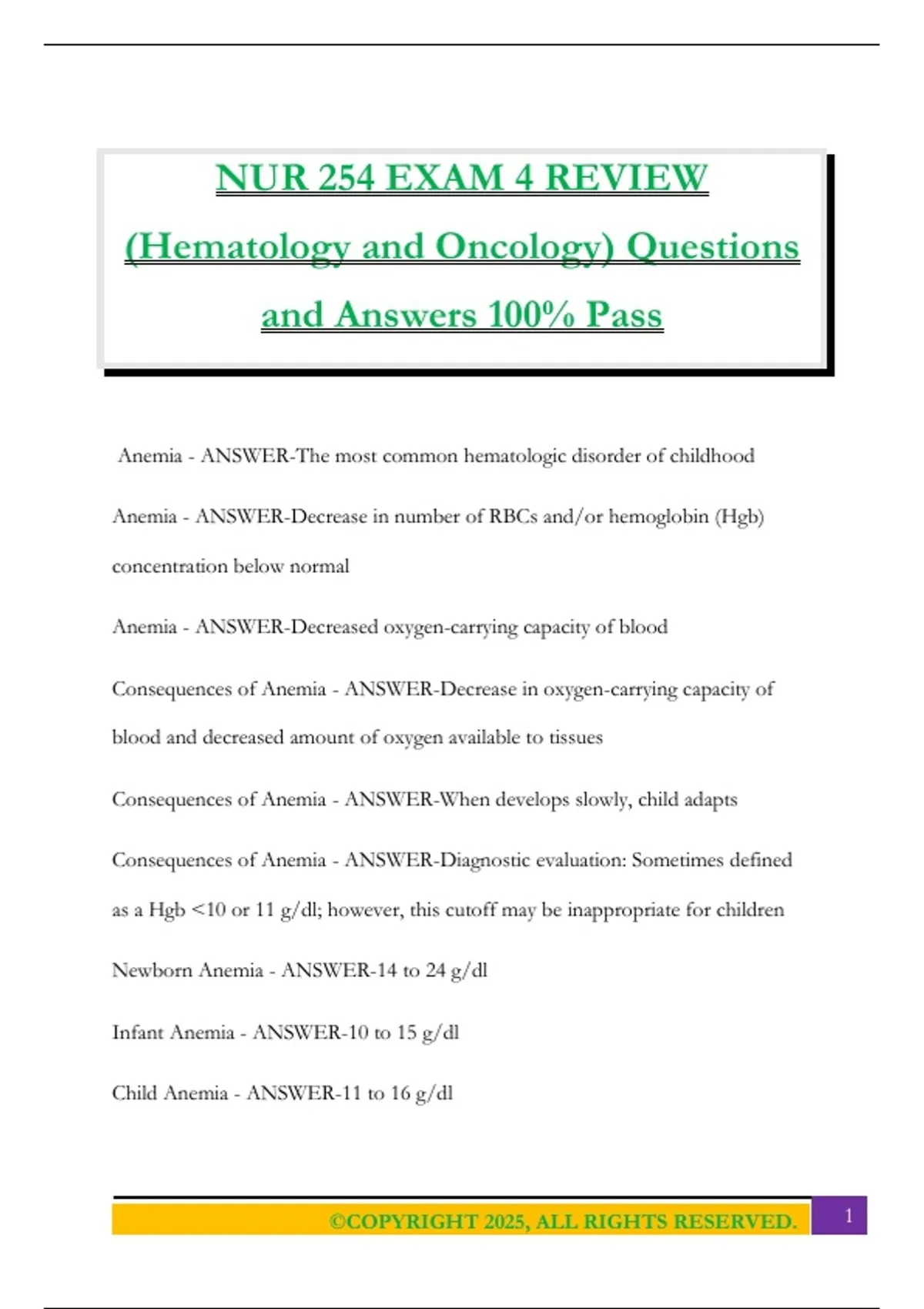 NUR 254 EXAM 4 REVIEW (Hematology and Oncology) Questions and Answers ...