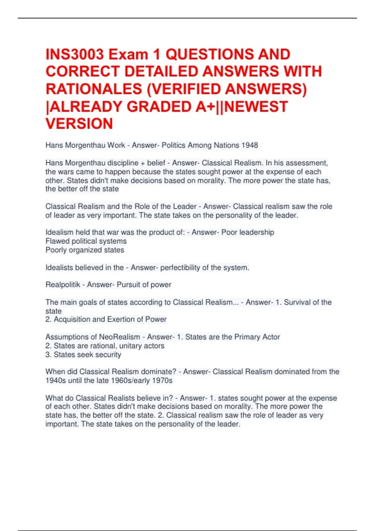 INS3003 Exam 1 QUESTIONS AND CORRECT DETAILED ANSWERS WITH RATIONALES ...
