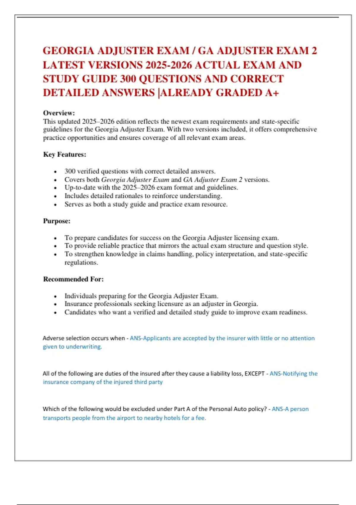 GEORGIA ADJUSTER EXAM / GA ADJUSTER EXAM 2 LATEST VERSIONS ACTUAL EXAM ...