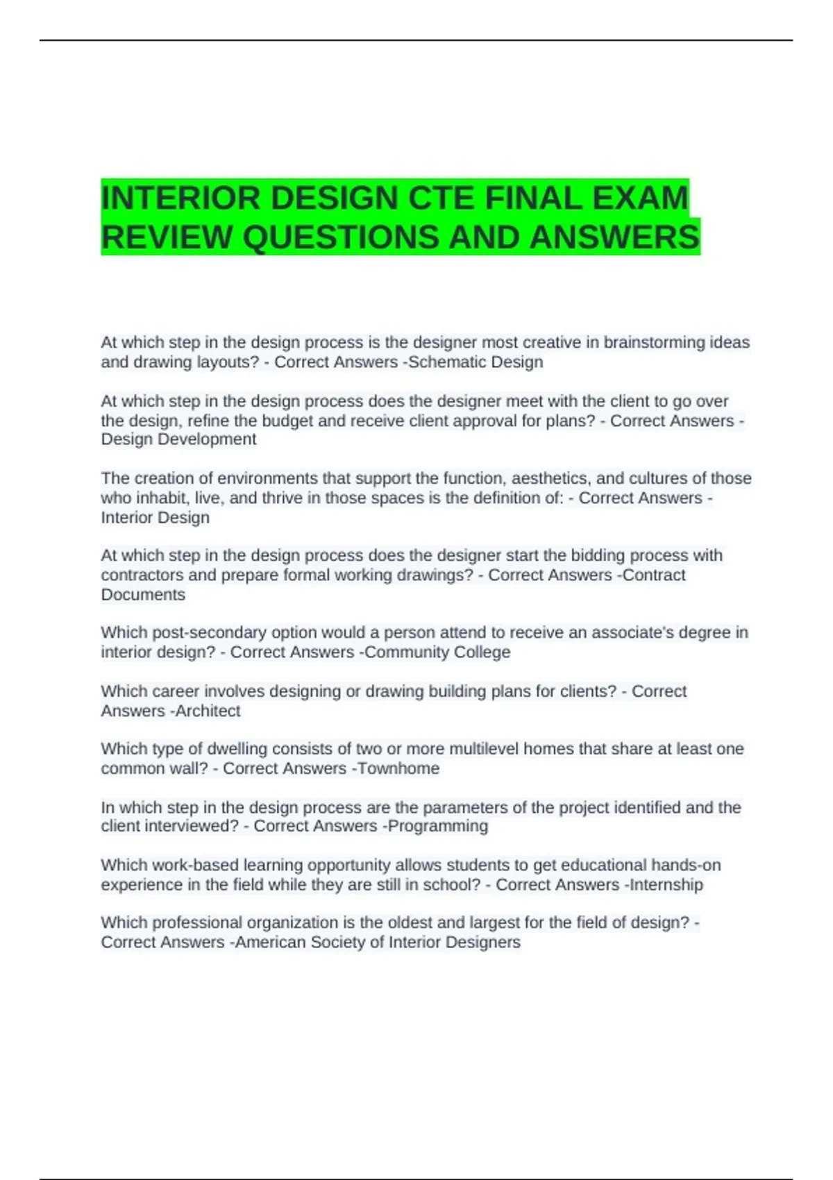 INTERIOR DESIGN CTE FINAL EXAM REVIEW QUESTIONS AND ANSWERS - Interior ...