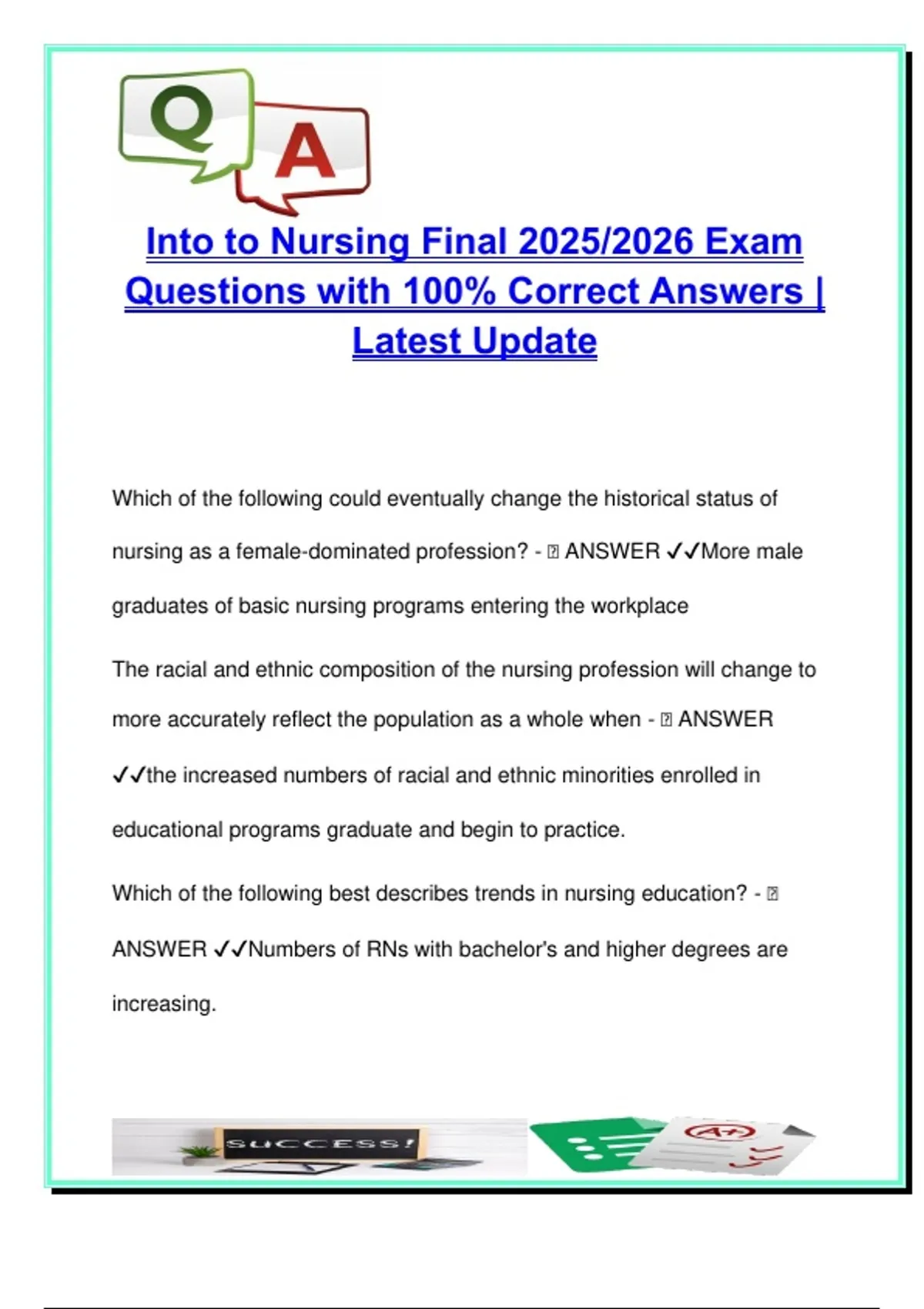 Intro to Nursing Final | 2025/2026 Exam | 60+ Verified Questions ...