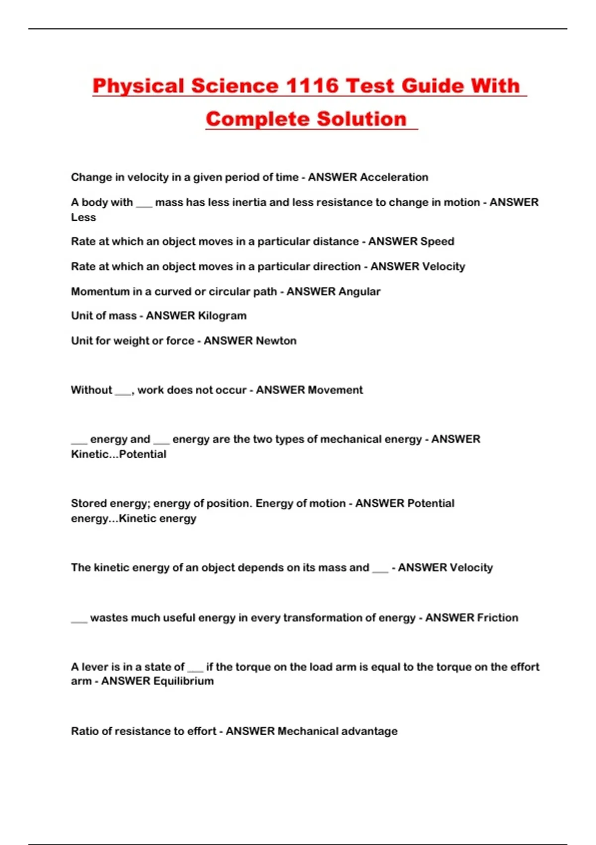 Physical Science 1116 Test Guide With Complete Solution - Physical ...