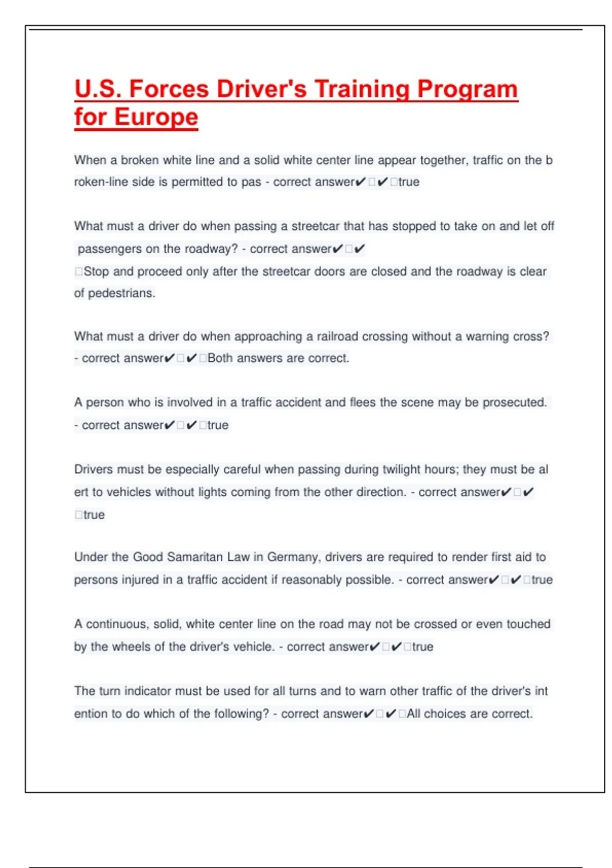 U.S. Forces Driver's Training Program for Europe 2025/2026 Exam ...