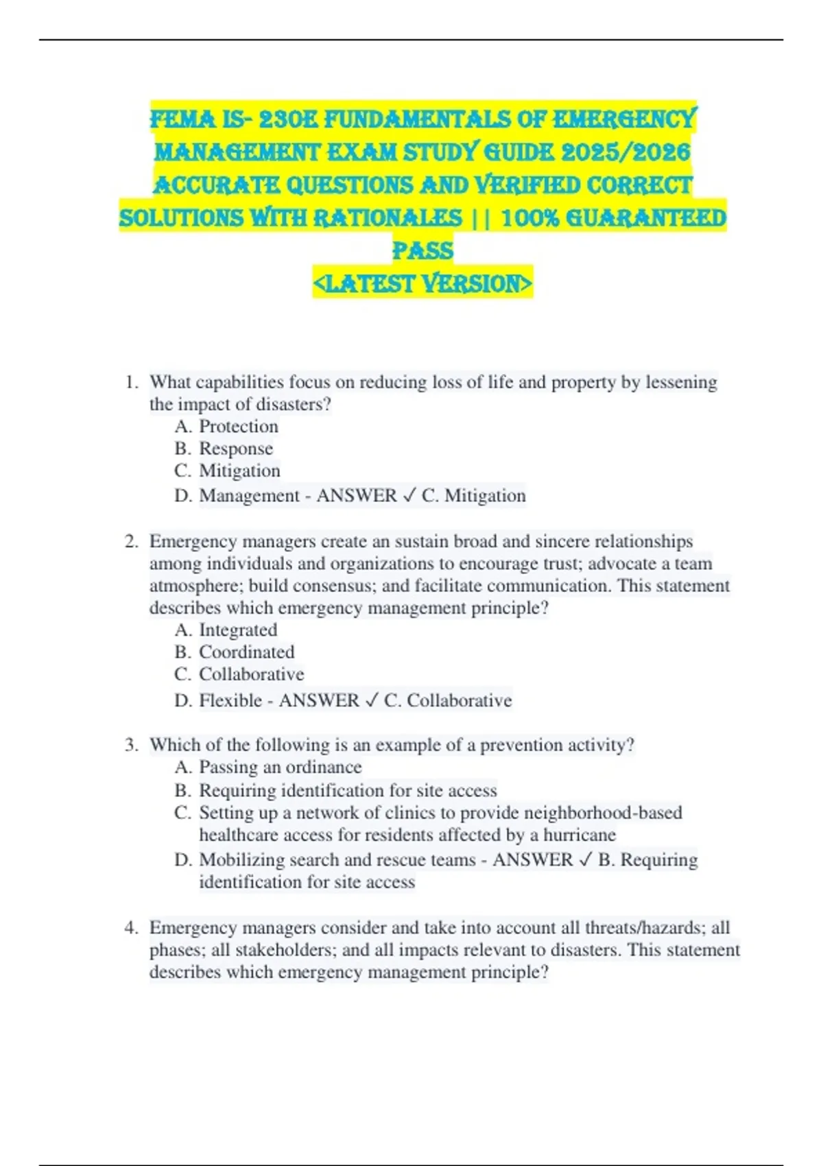FEMA IS- 230e Fundamentals of Emergency Management EXAM STUDY GUIDE ...