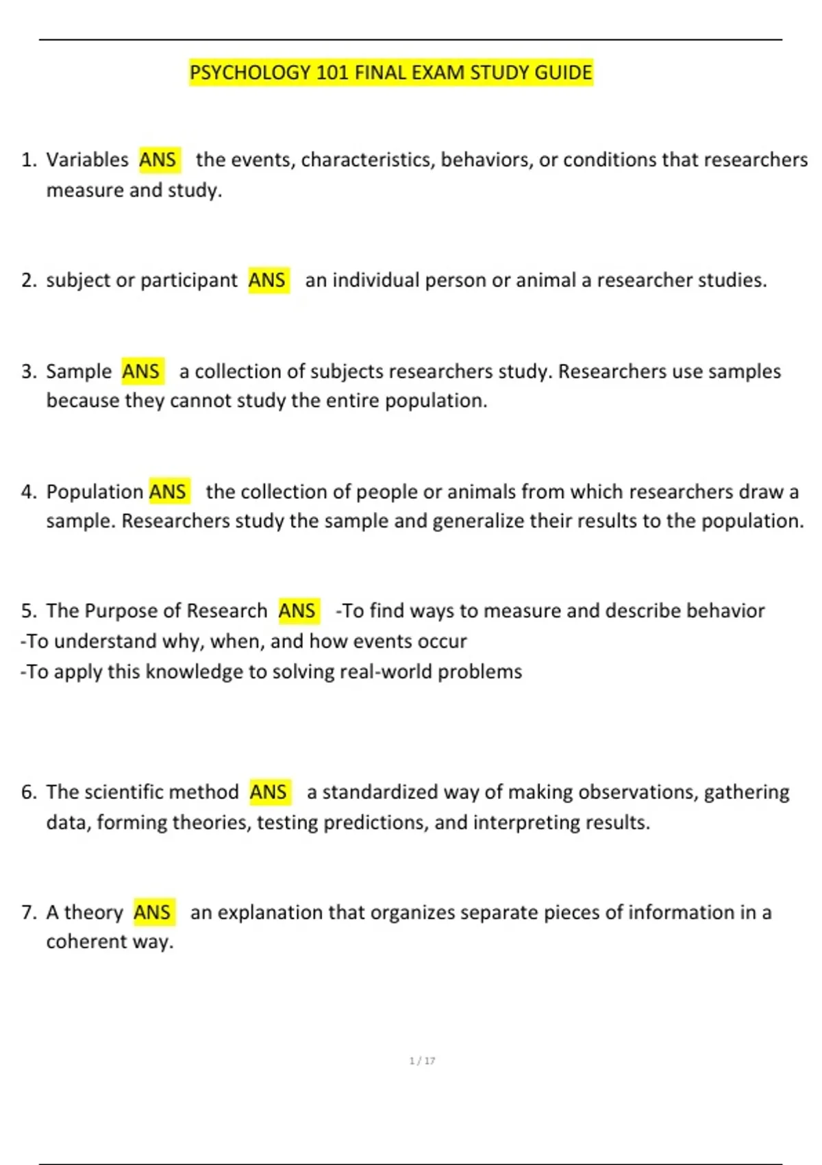 Psychology 101 Final Exam Questions and Correct Answers Complete 2025 ...