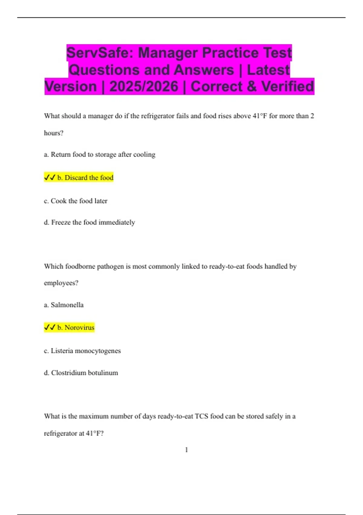 Servsafe Manager Practice Test Questions And Answers Latest Version