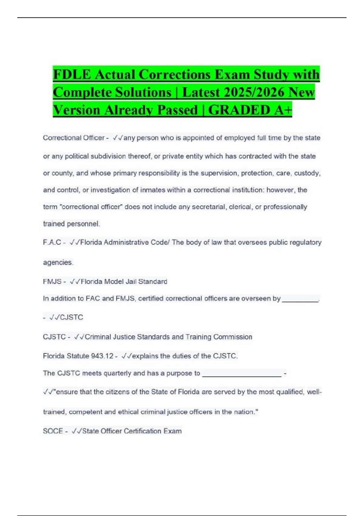 FDLE Actual Corrections Exam Study with Complete Solutions | Latest ...