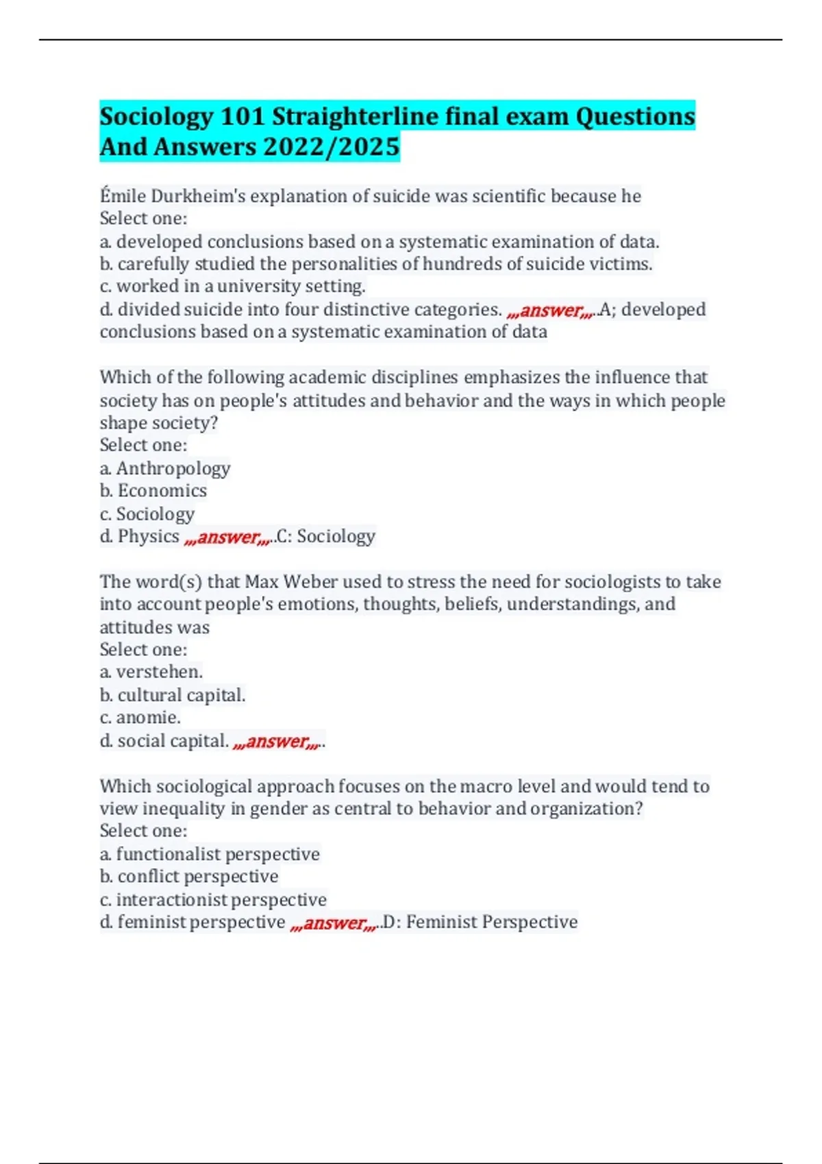 Sociology 101 Straighterline final exam Questions And Answers 2022/2025 ...