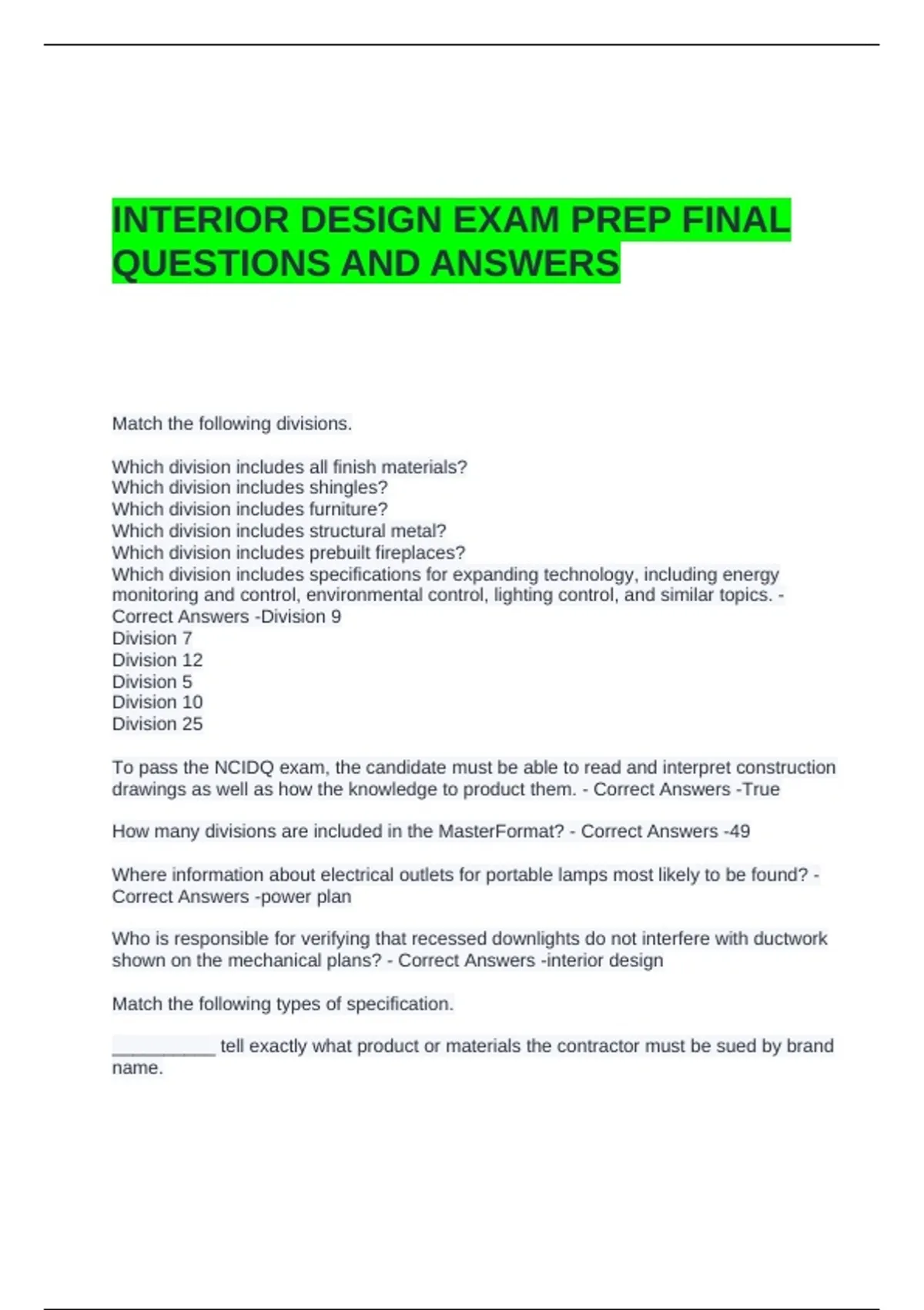 INTERIOR DESIGN EXAM PREP FINAL QUESTIONS AND ANSWERS - INTERIOR DESIGN ...