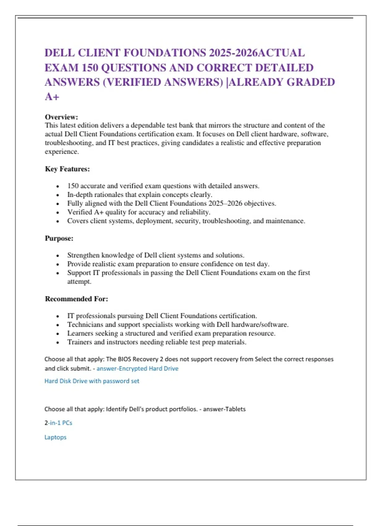 DELL CLIENT FOUNDATIONS ACTUAL EXAM 150 QUESTIONS AND CORRECT DETAILED ...