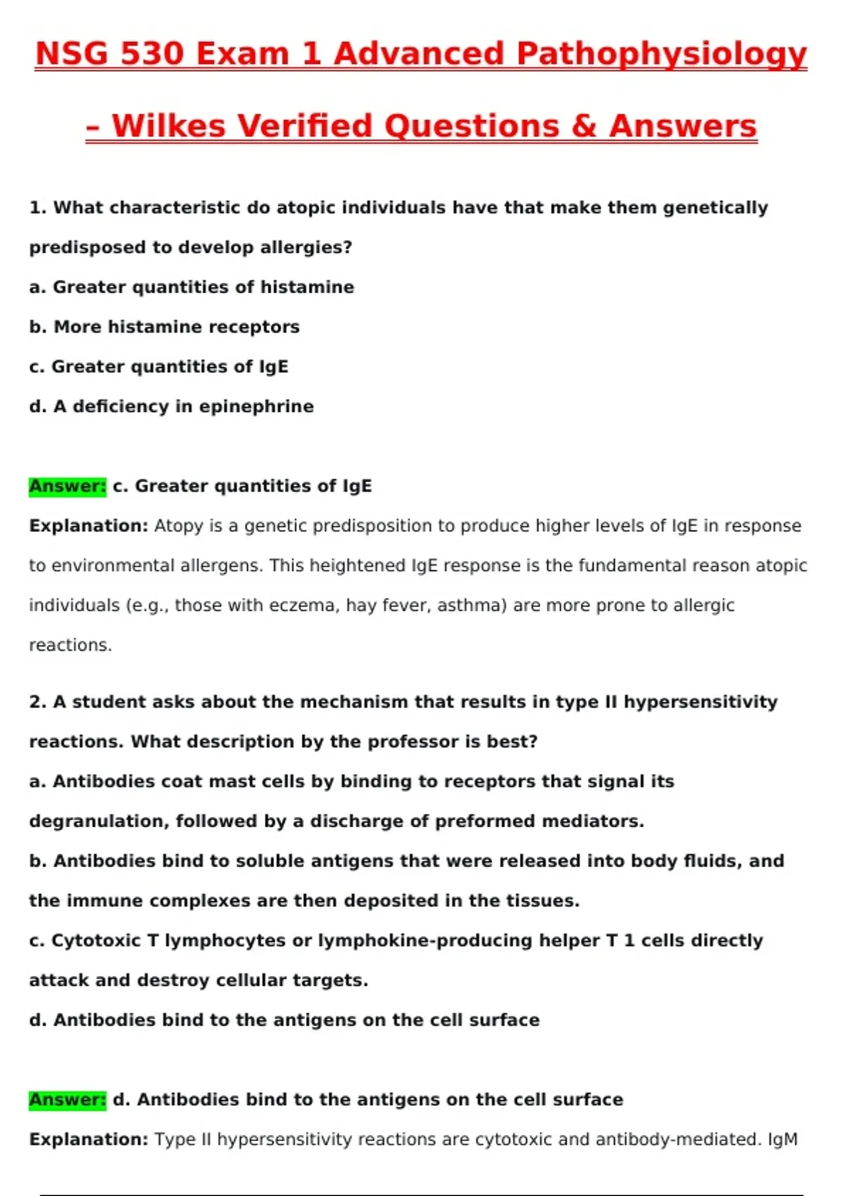 NSG 530 Exam 1 | Advanced Pathophysiology – Wilkes | Verified Questions ...