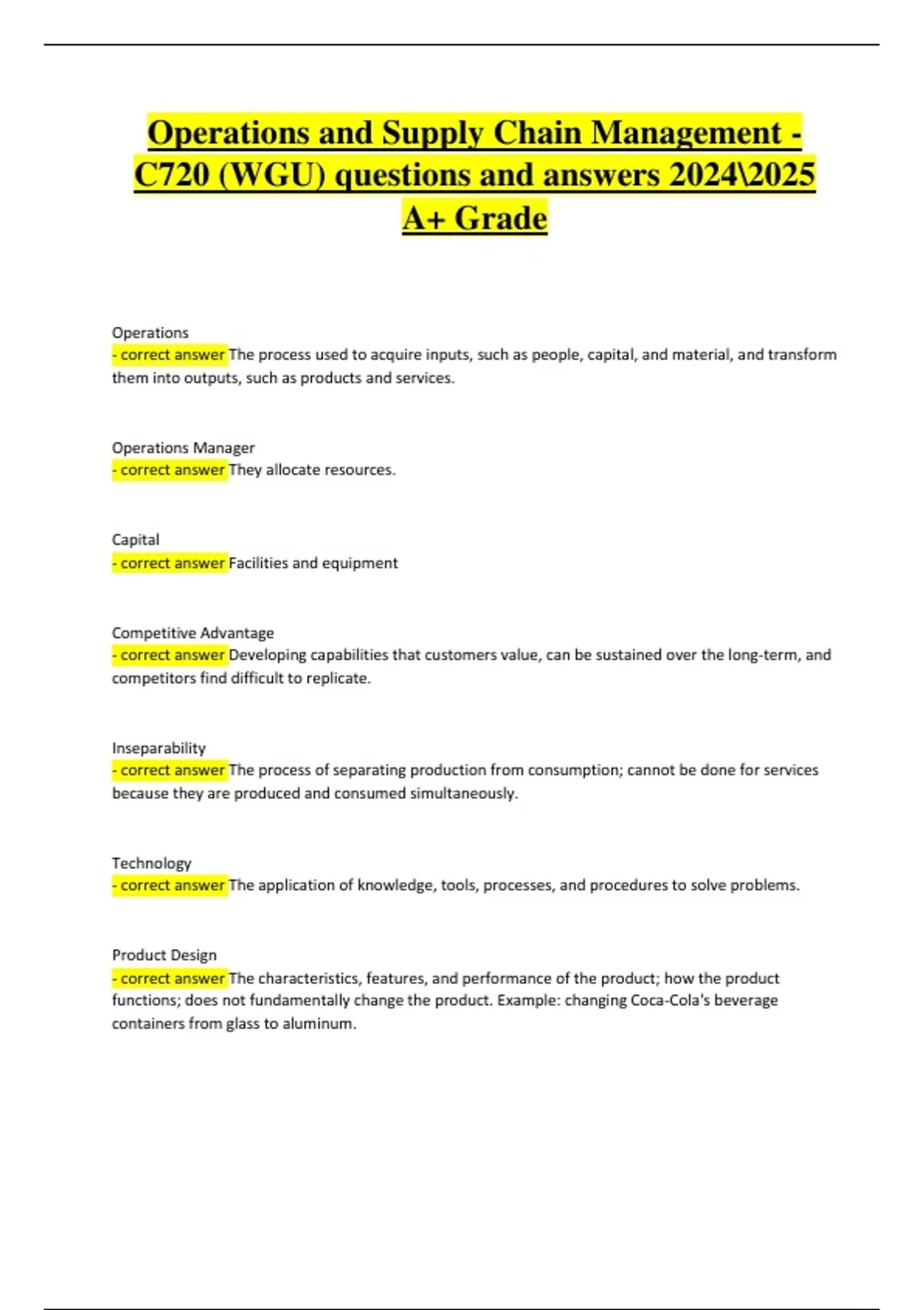 WGU C720 Operations and Supply Chain Management Exam 2024/2025 – Latest ...