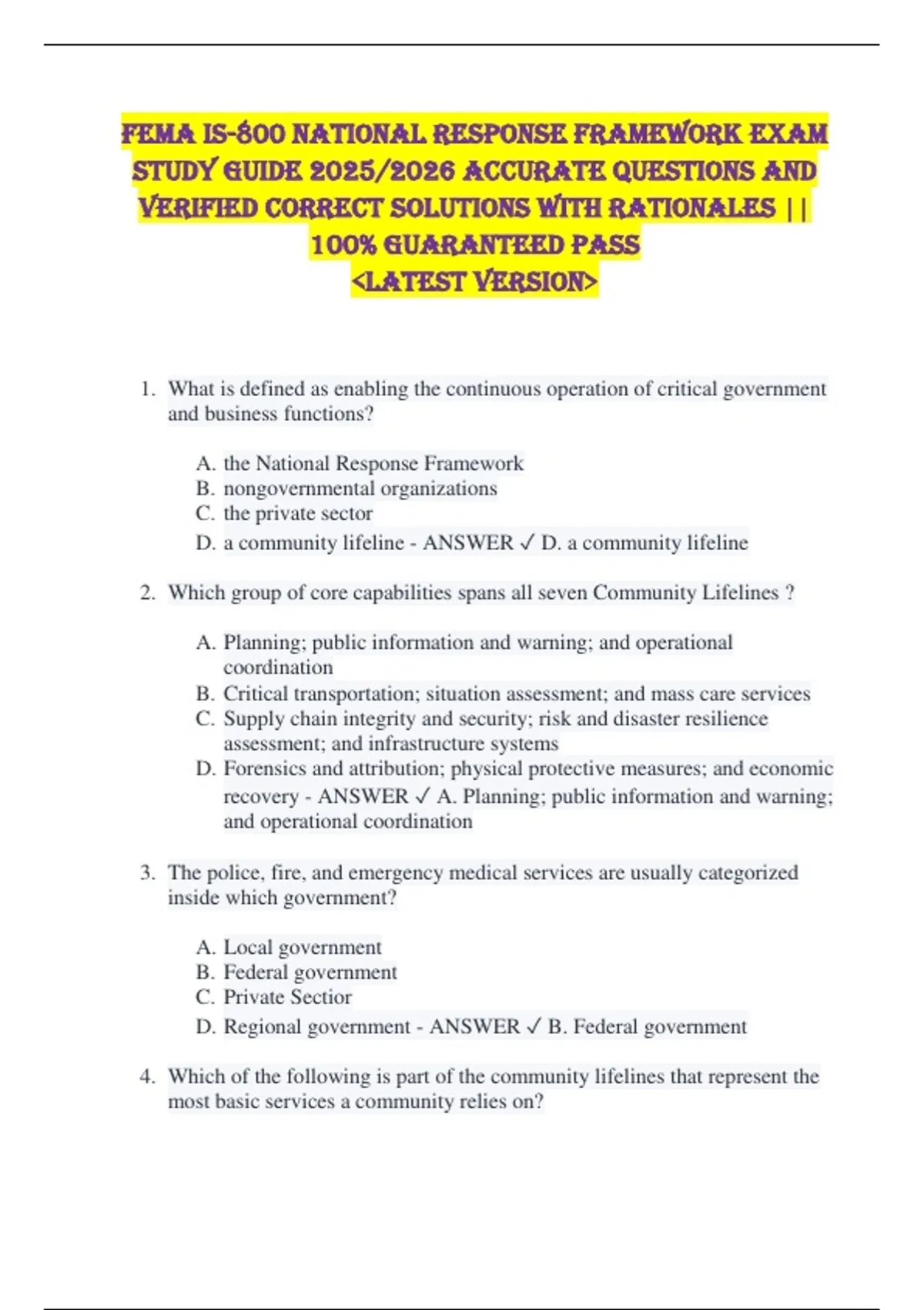 FEMA IS-800 National Response Framework EXAM STUDY GUIDE 2025/2026 ...