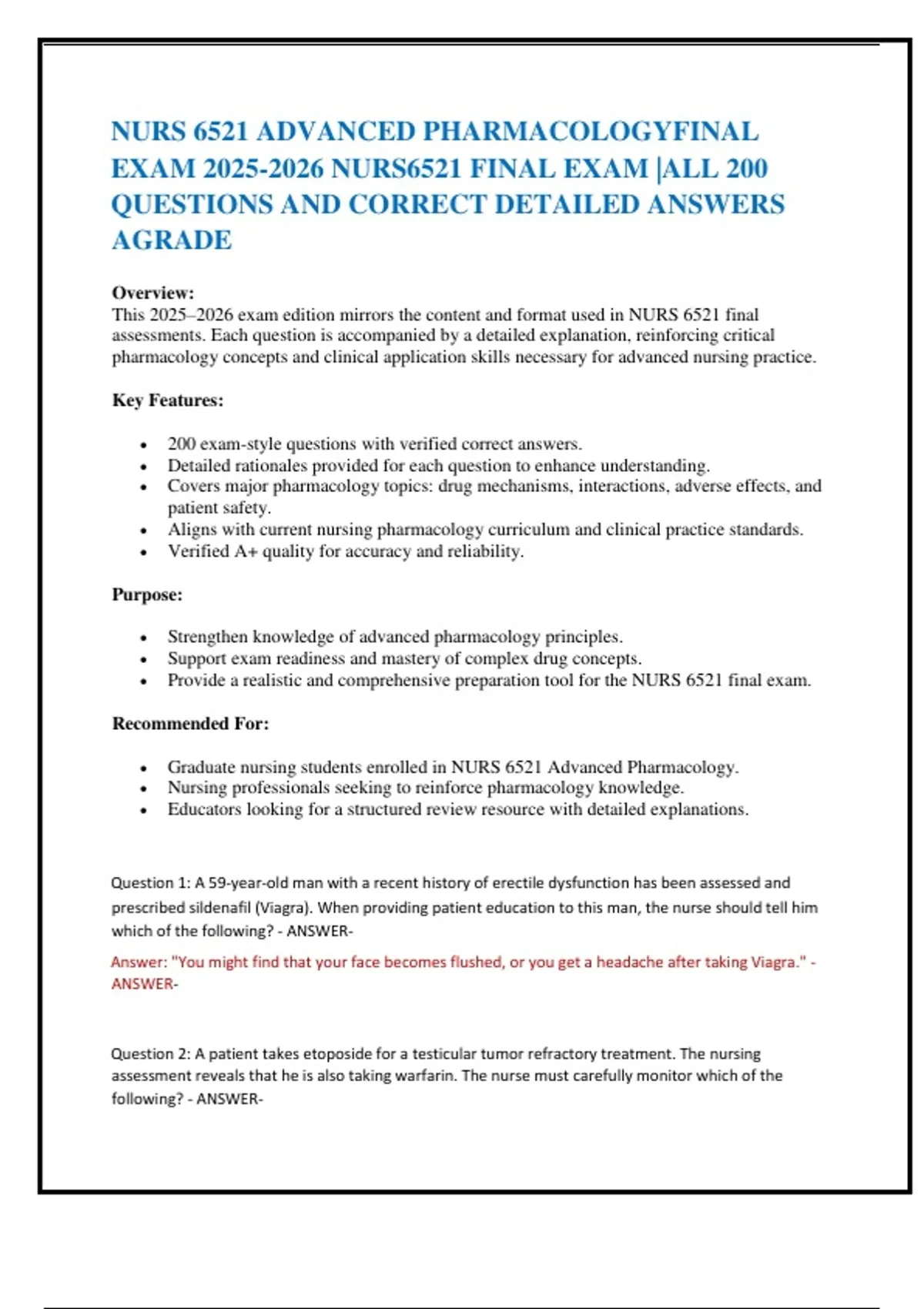 NURS 6521 ADVANCED PHARMACOLOGYFINAL EXAM NURS6521 FINAL EXAM |ALL 200 ...