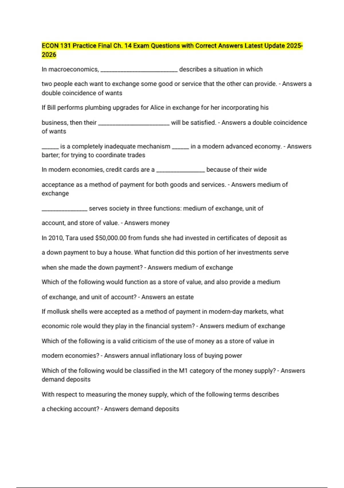 ECON 131 Practice Final Ch. 14 Exam Questions with Correct Answers ...