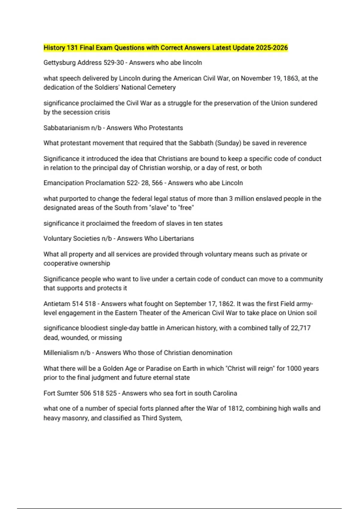 History 131 Final Exam Questions with Correct Answers Latest Update ...
