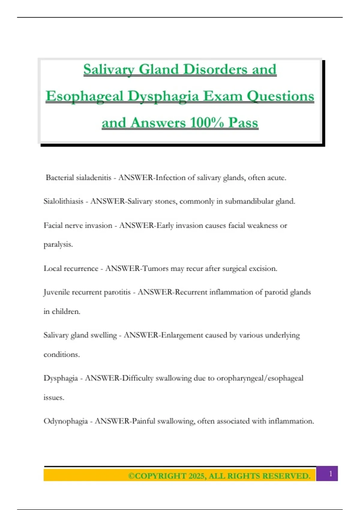 Salivary Gland Disorders and Esophageal Dysphagia Exam Questions and ...