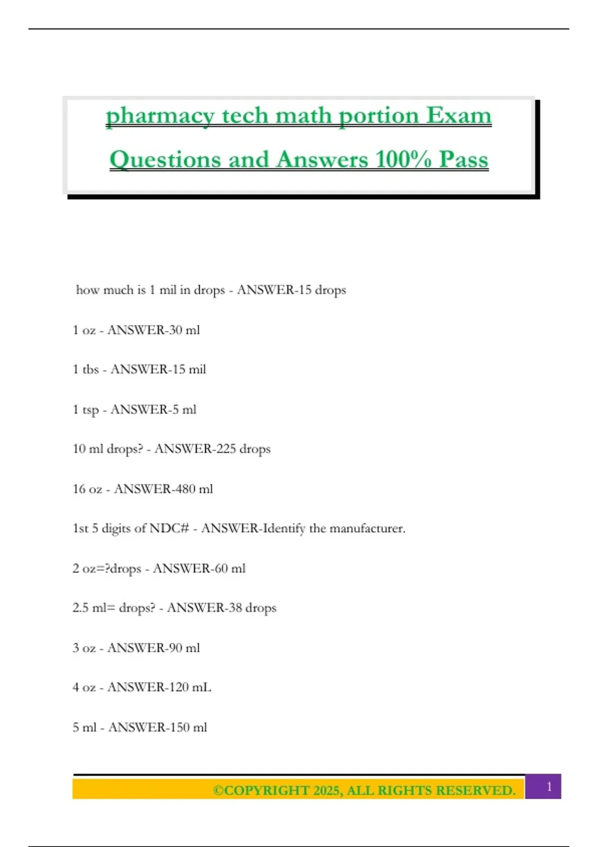 pharmacy tech math portion Exam Questions and Answers 100% Pass ...
