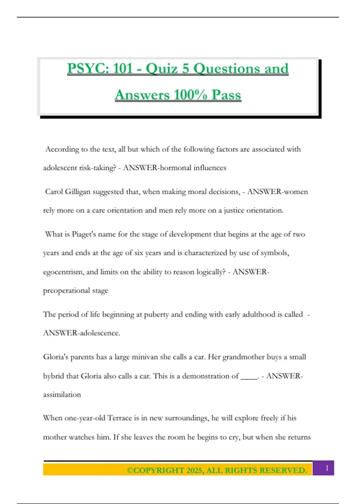 PSYC: 101 - Quiz 5 Questions and Answers 100% Pass - PSYC: 101 - Stuvia US