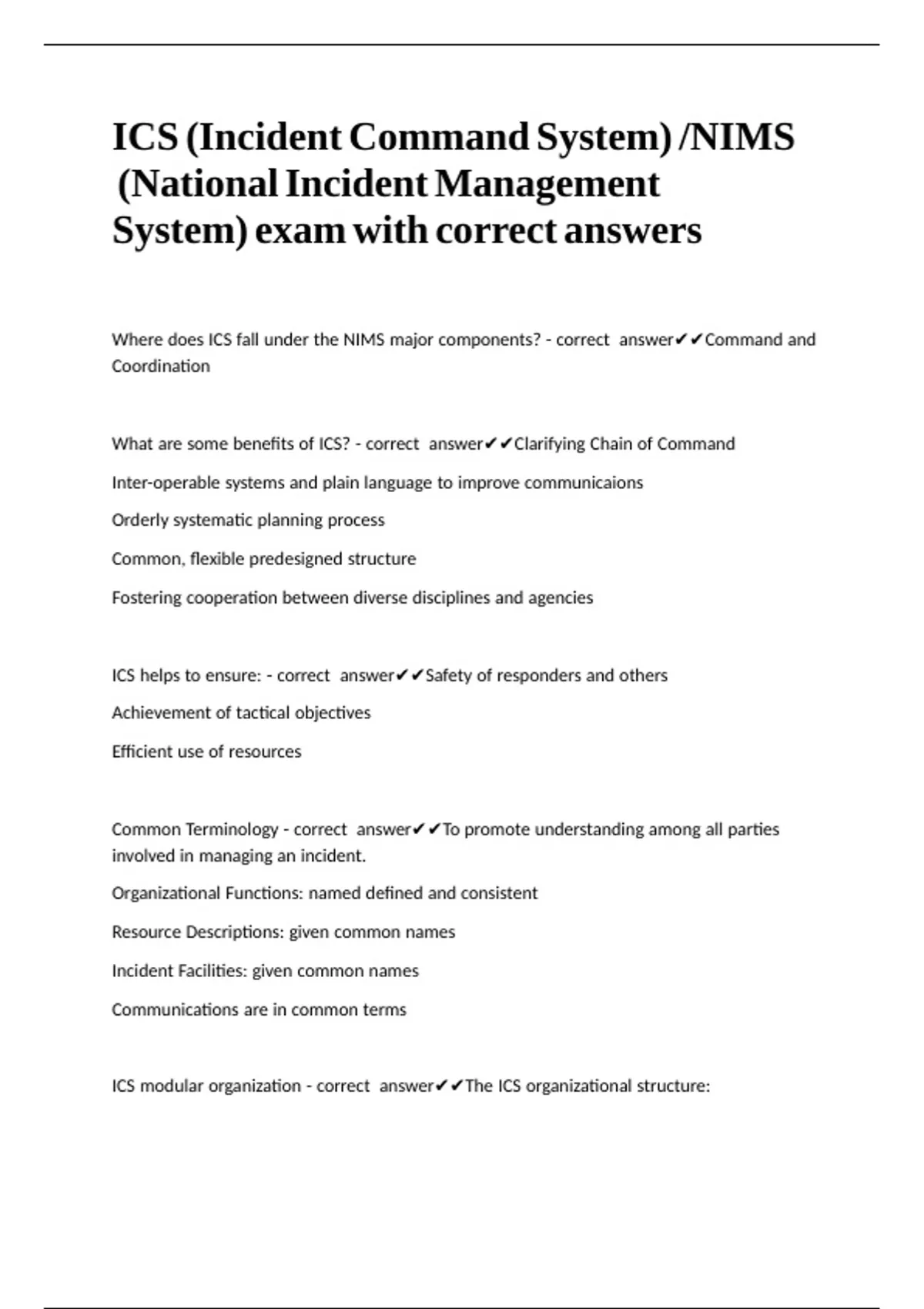 ICS (Incident Command System) NIMS (National Incident Management System ...