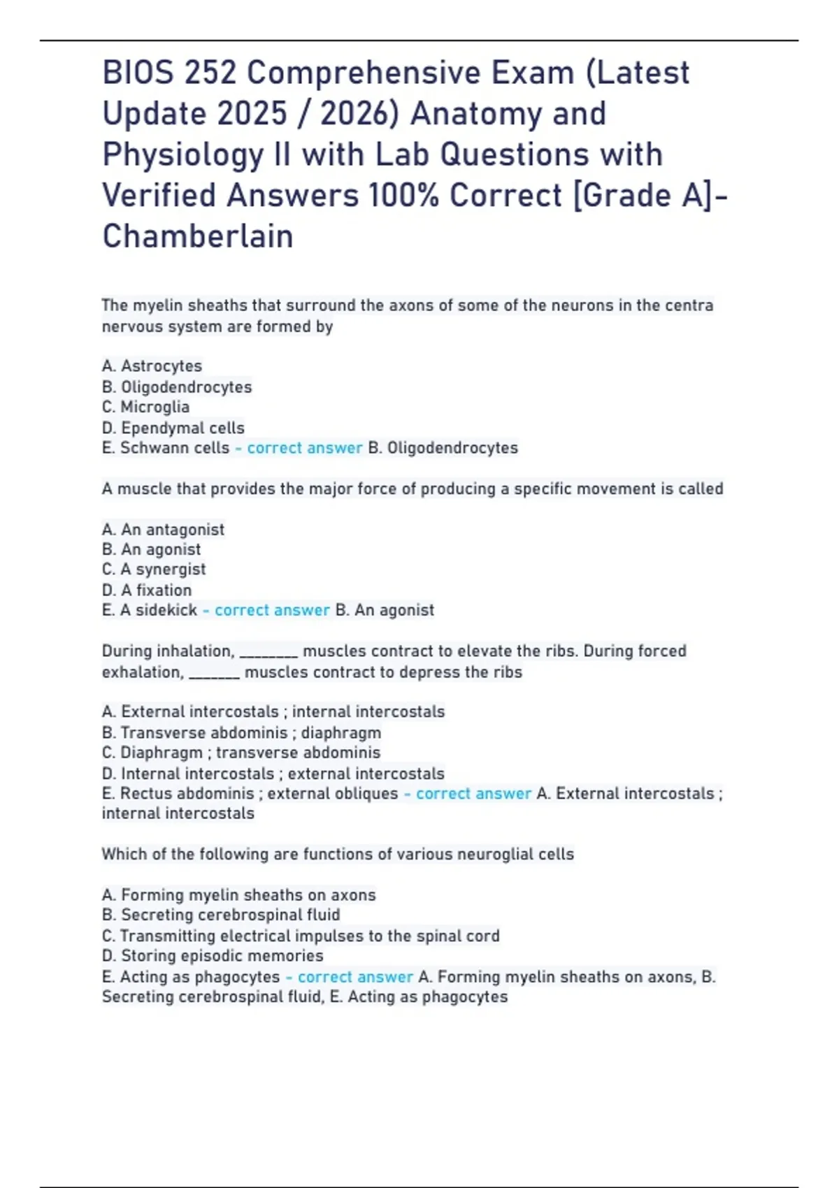 BIOS 252 Comprehensive Exam (Latest Update ) Anatomy and Physiology II ...