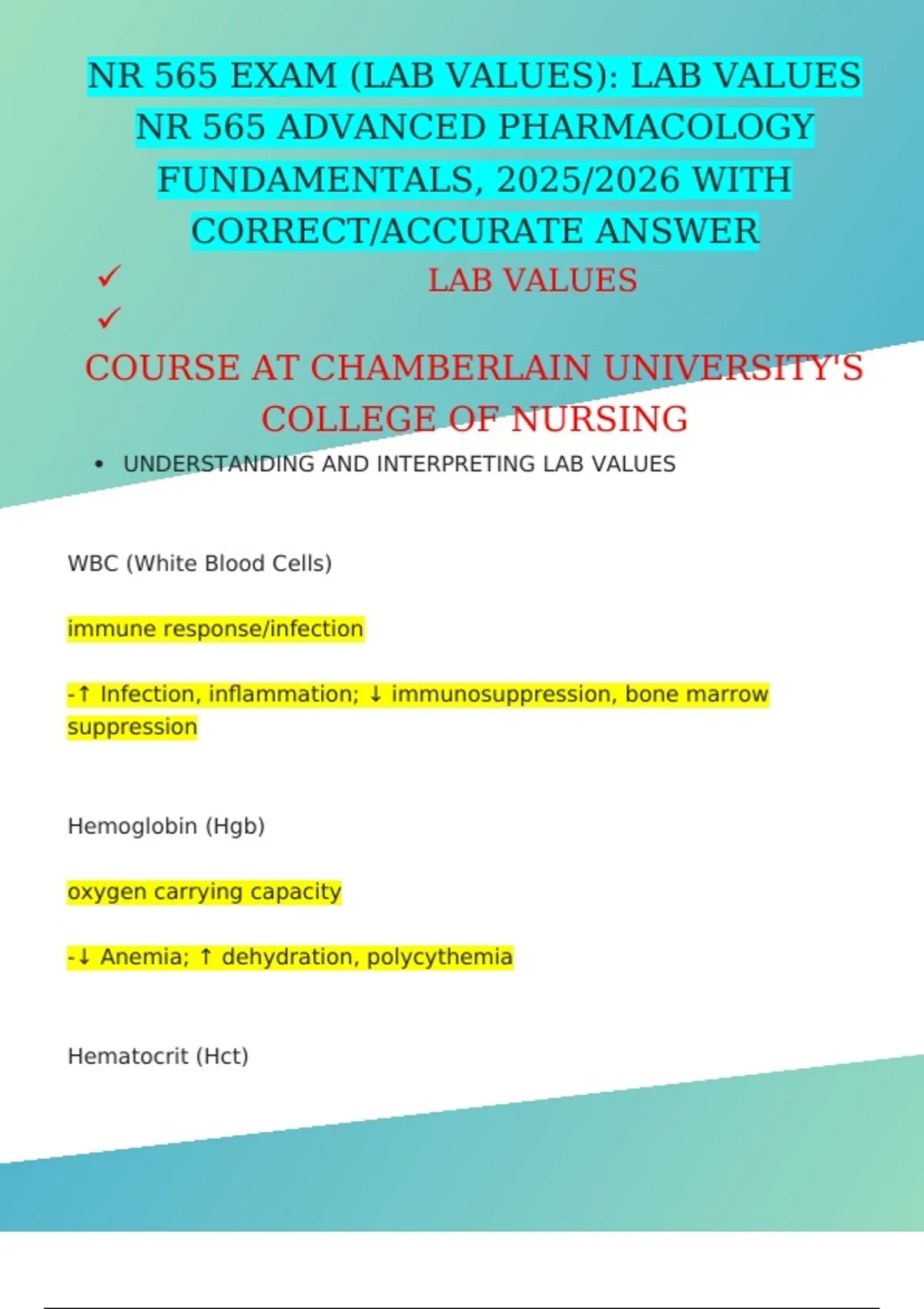 NR 565 EXAM (LAB VALUES): LAB VALUES NR 565 ADVANCED PHARMACOLOGY ...