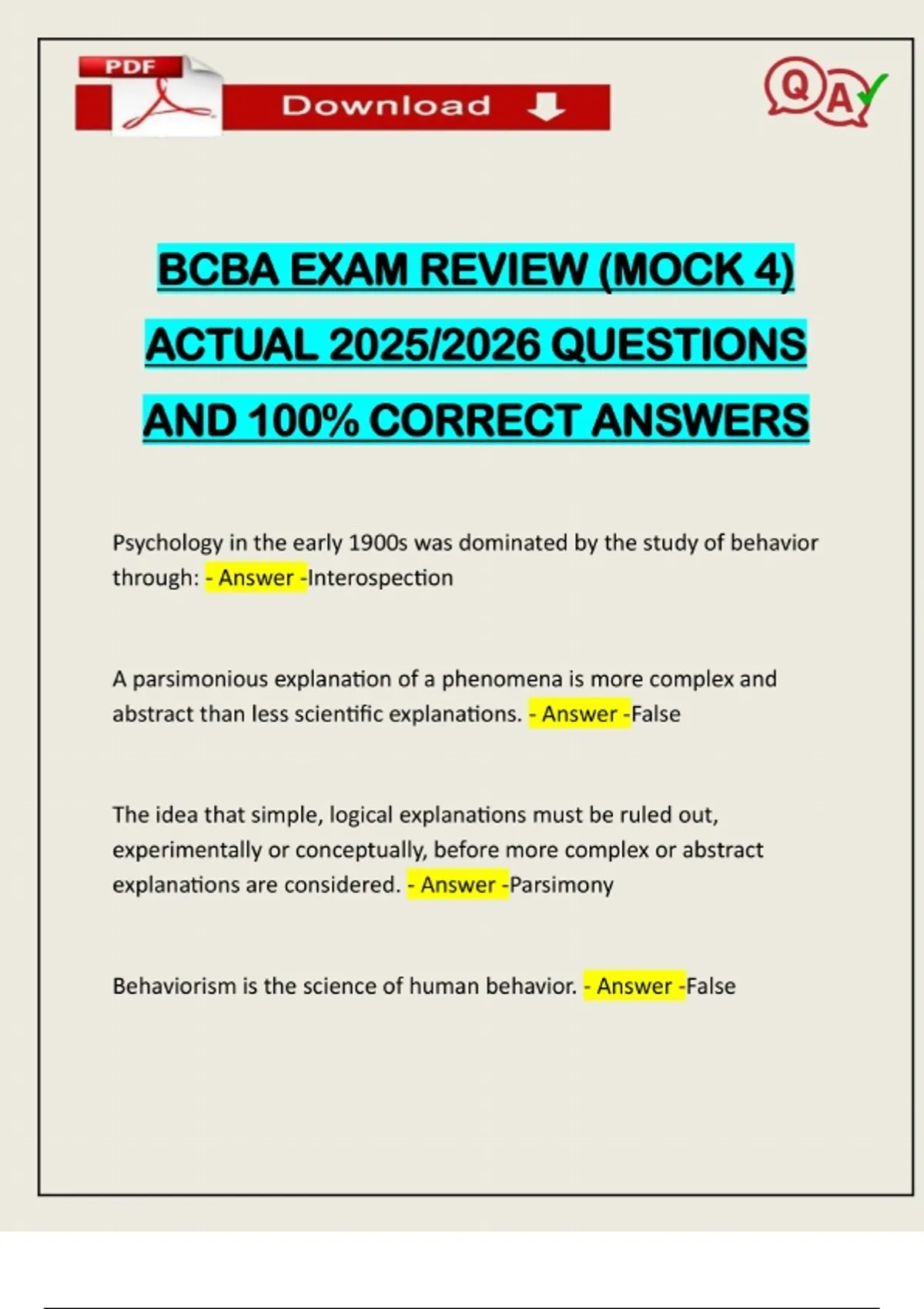 BCBA EXAM REVIEW (MOCK 4) ACTUAL 2025/2026 QUESTIONS AND 100% CORRECT ...