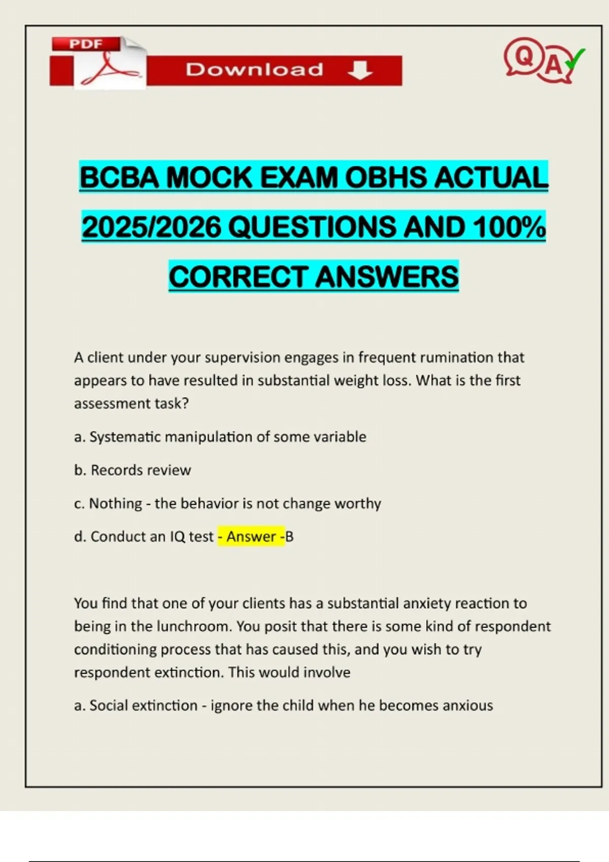 BCBA MOCK EXAM OBHS ACTUAL 2025/2026 QUESTIONS AND 100% CORRECT ANSWERS ...