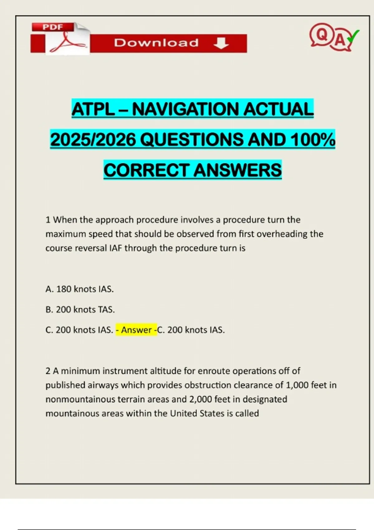 ATPL – NAVIGATION ACTUAL 2025/2026 QUESTIONS AND 100% CORRECT ANSWERS ...