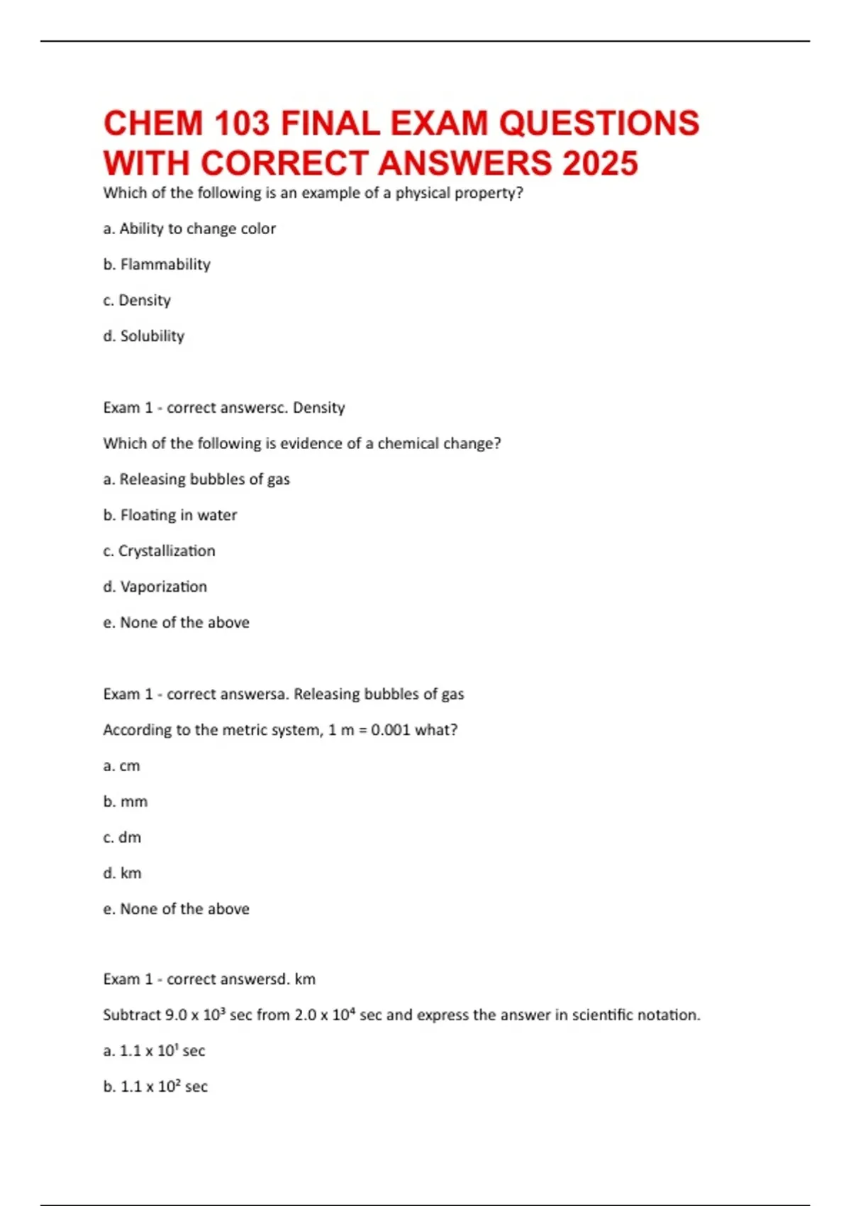CHEM 103 FINAL EXAM QUESTIONS WITH CORRECT ANSWERS - CHEM 103 - Stuvia US
