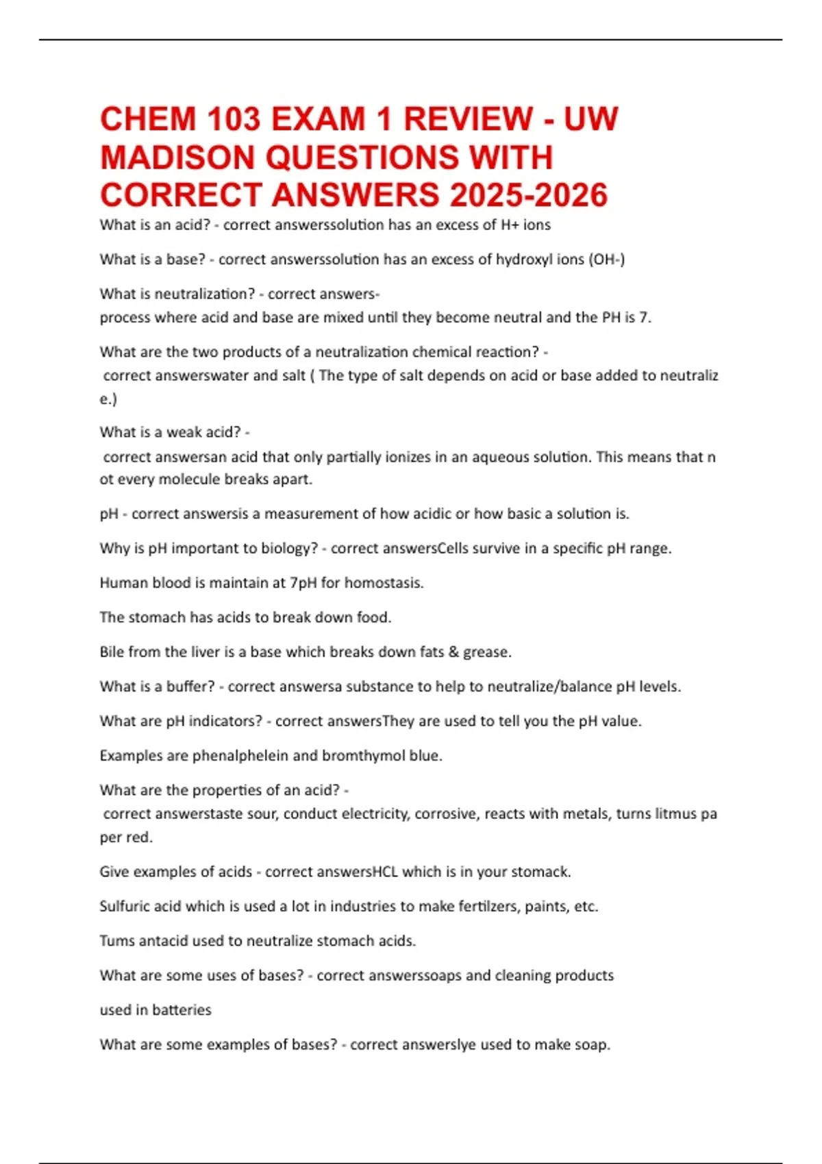 CHEM 103 EXAM 1 REVIEW - UW MADISON QUESTIONS WITH CORRECT ANSWERS 2025 ...