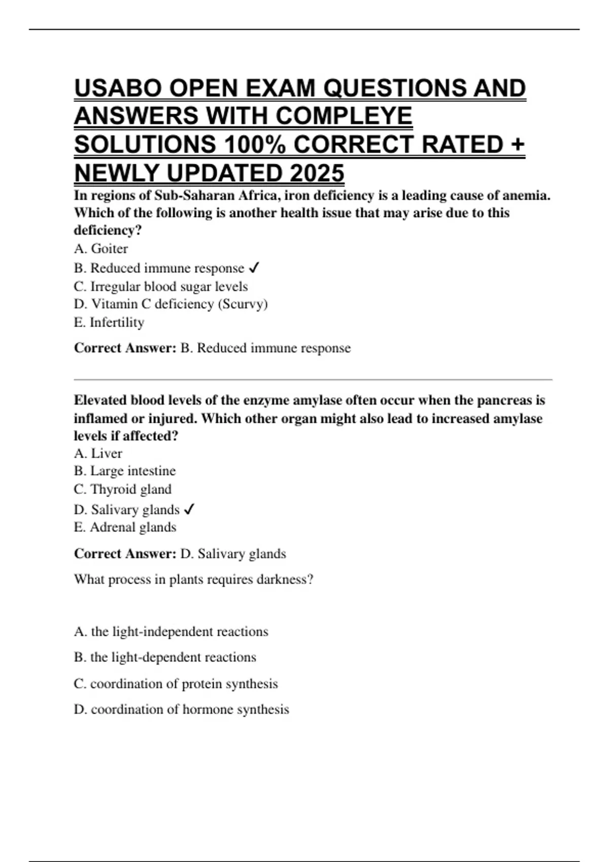 USABO OPEN EXAM QUESTIONS AND ANSWERS WITH COMPLEYE SOLUTIONS 100% ...