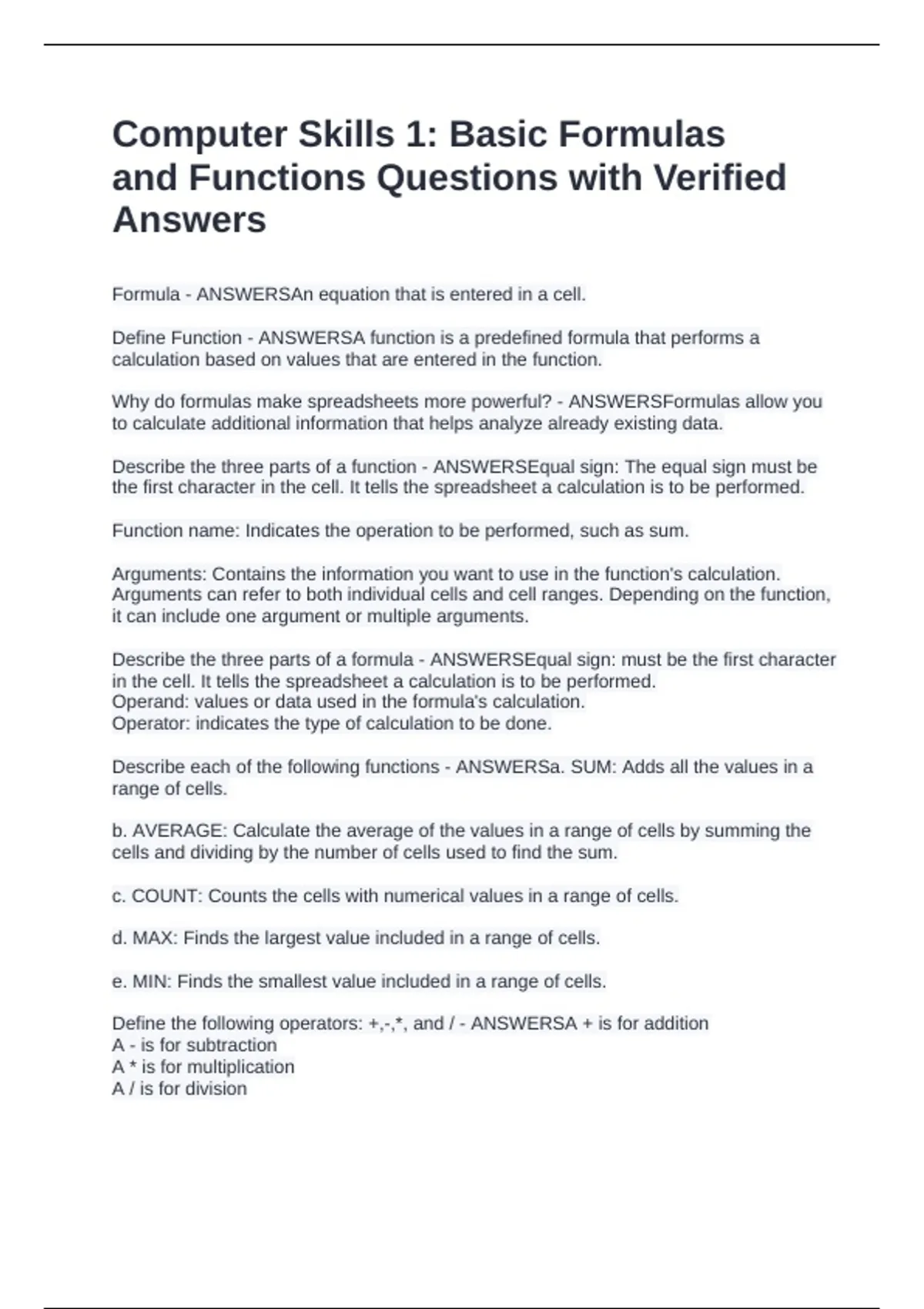 Computer Skills 1: Basic Formulas and Functions Questions with Verified ...