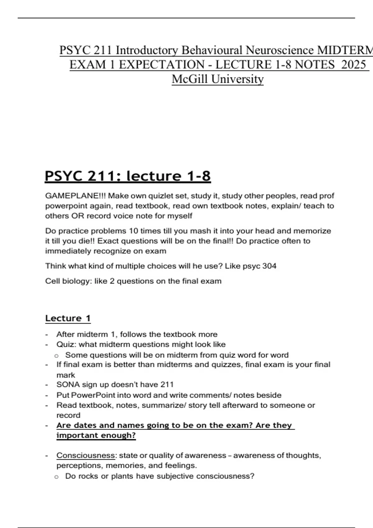 PSYC 211 Introductory Behavioural Neuroscience MIDTERM EXAM 1 ...