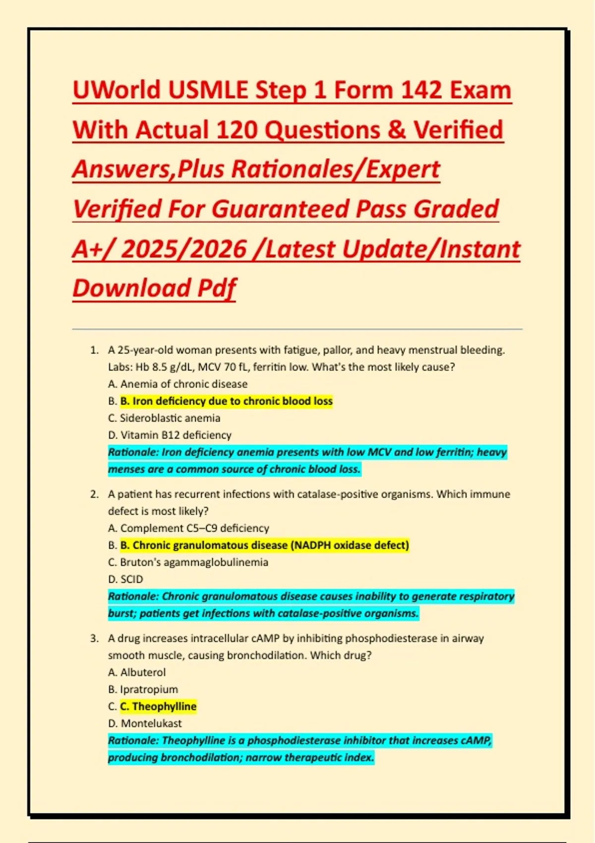 UWorld USMLE Step 1 Form 142 Exam With Actual 120 Questions & Verified ...