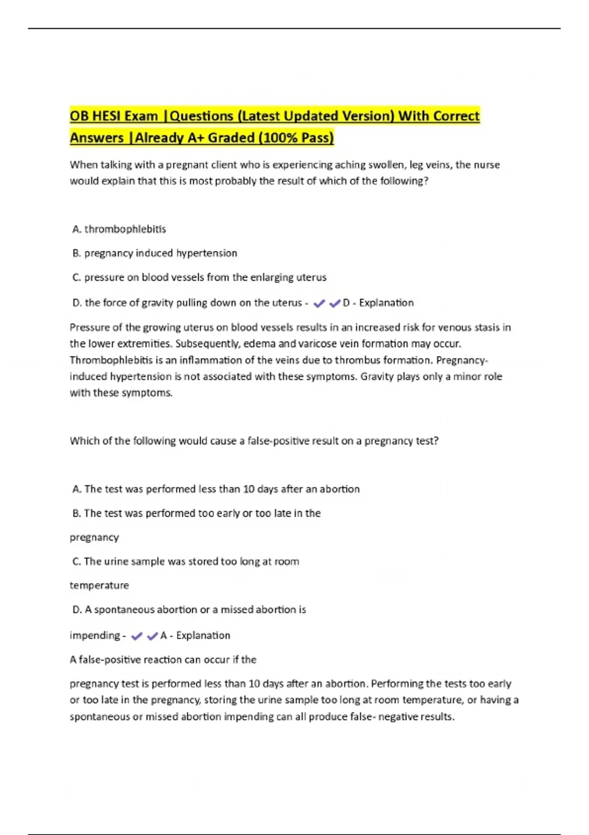 OB HESI Exam |Questions (Latest Updated Version) With Correct Answers ...