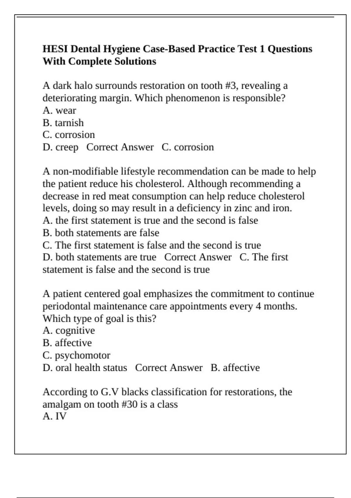 HESI Dental Hygiene Case-Based Practice Test 1 Questions With Complete Solutions - Dental ...