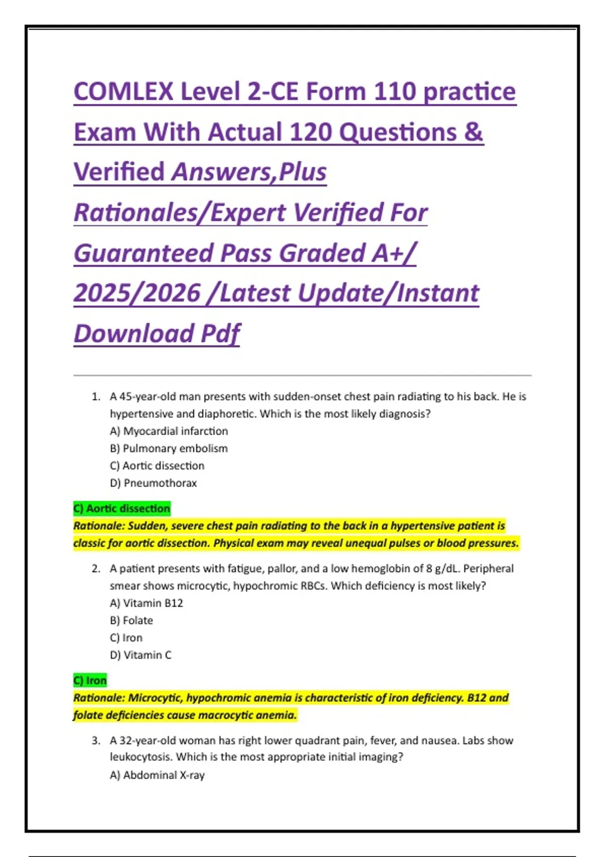 COMLEX Level 2-CE Form 110 practice Exam With Actual 120 Questions ...