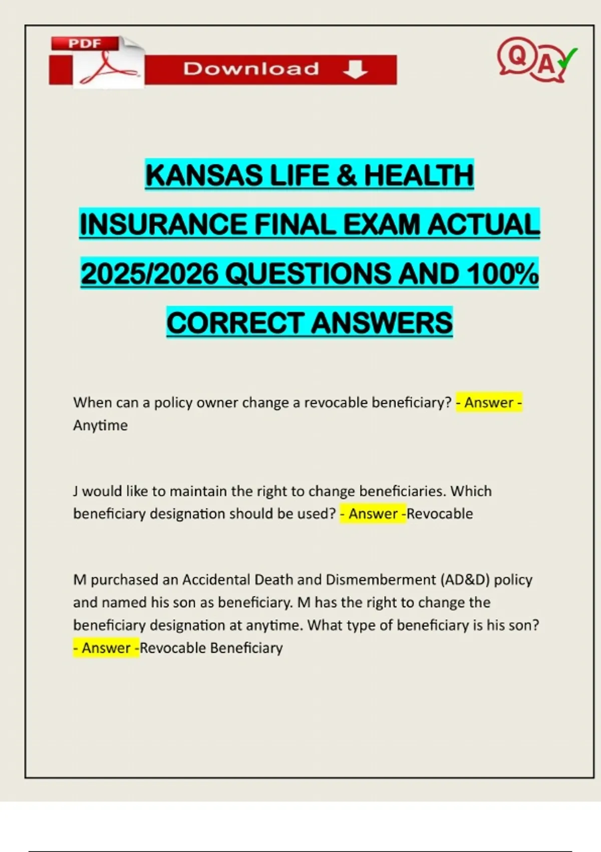 KANSAS LIFE & HEALTH INSURANCE FINAL EXAM ACTUAL 2025/2026 QUESTIONS ...