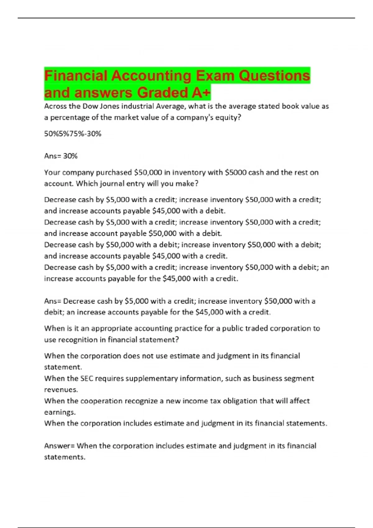 Financial Accounting Exam Questions and answers Graded A+ - FINANCIAL ...