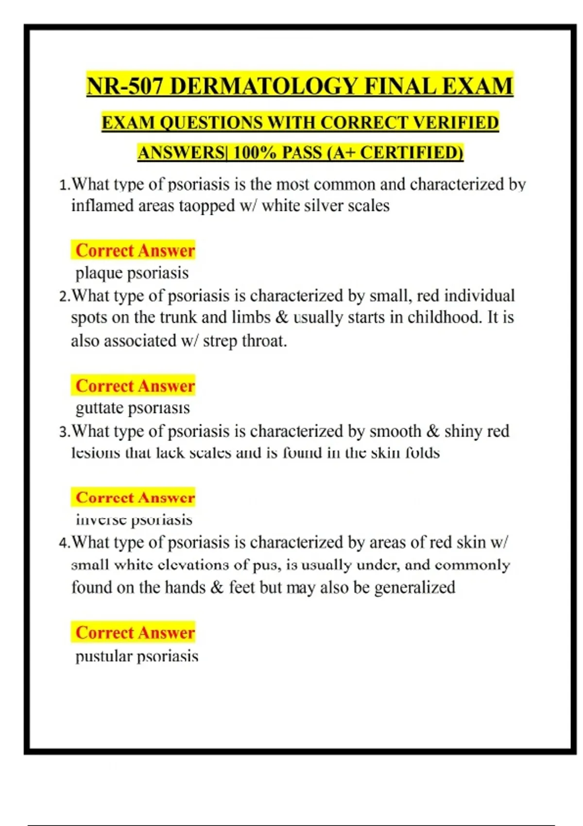 NR-507 DERMATOLOGY FINAL EXAM EXAM QUESTIONS WITH CORRECT VERIFIED ...