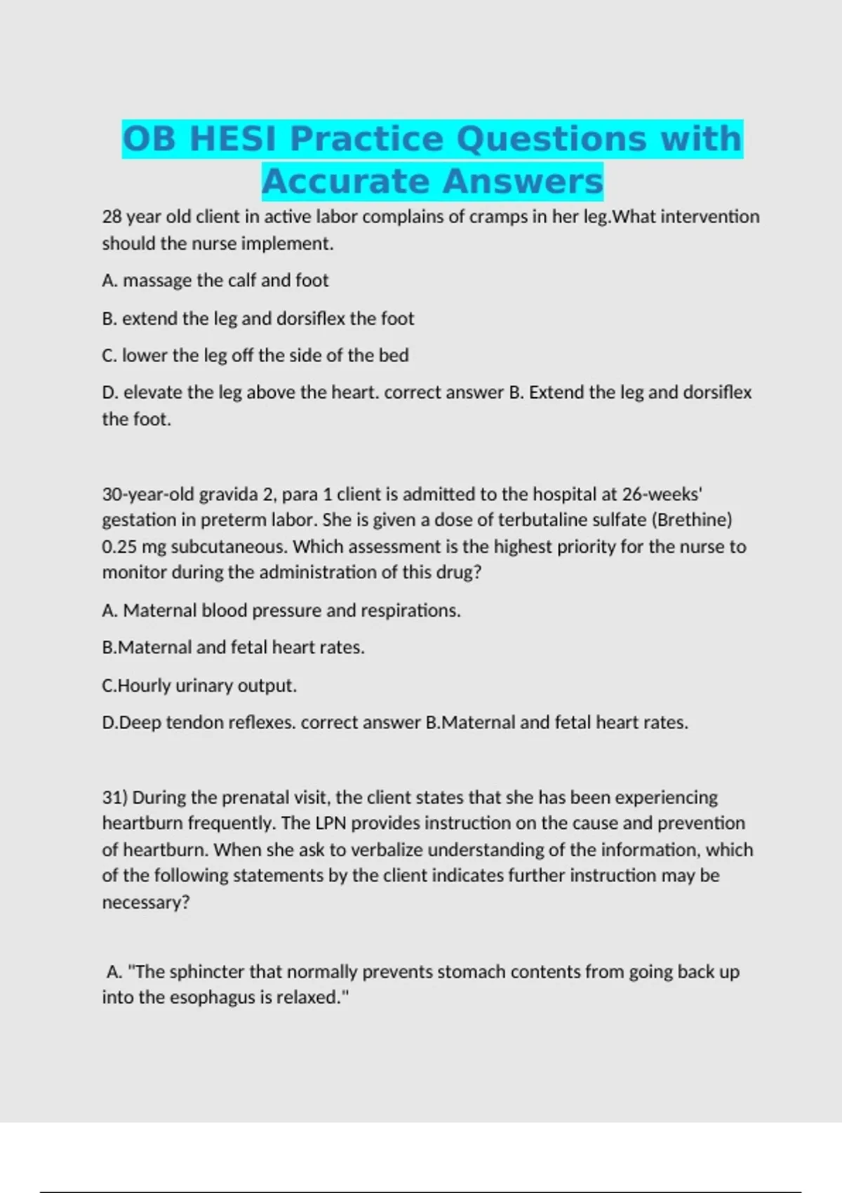 OB HESI Practice Questions with Accurate Answers - Ob - Stuvia US