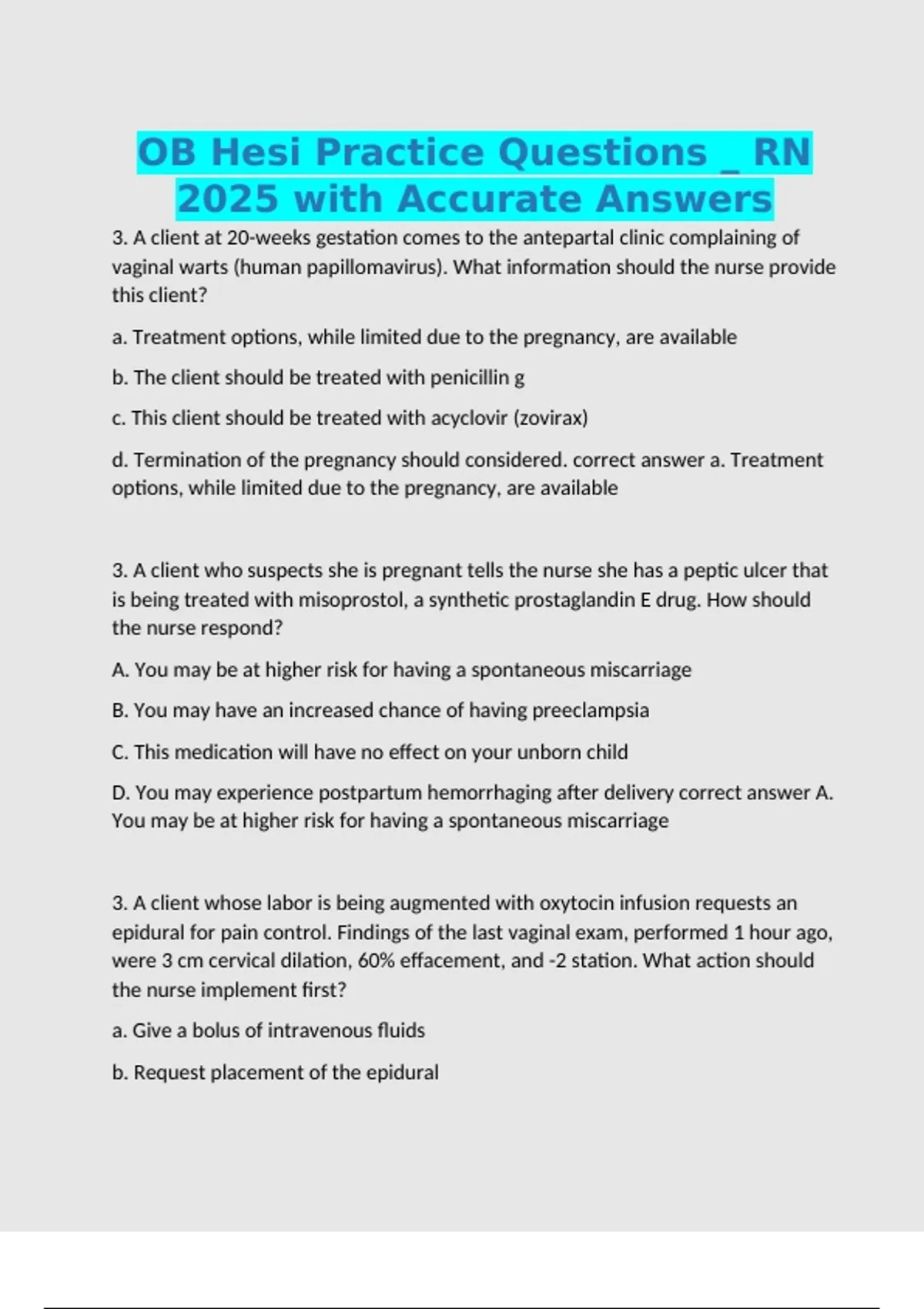 OB Hesi Practice Questions _ RN 2025 with Accurate Answers - Ob - Stuvia US