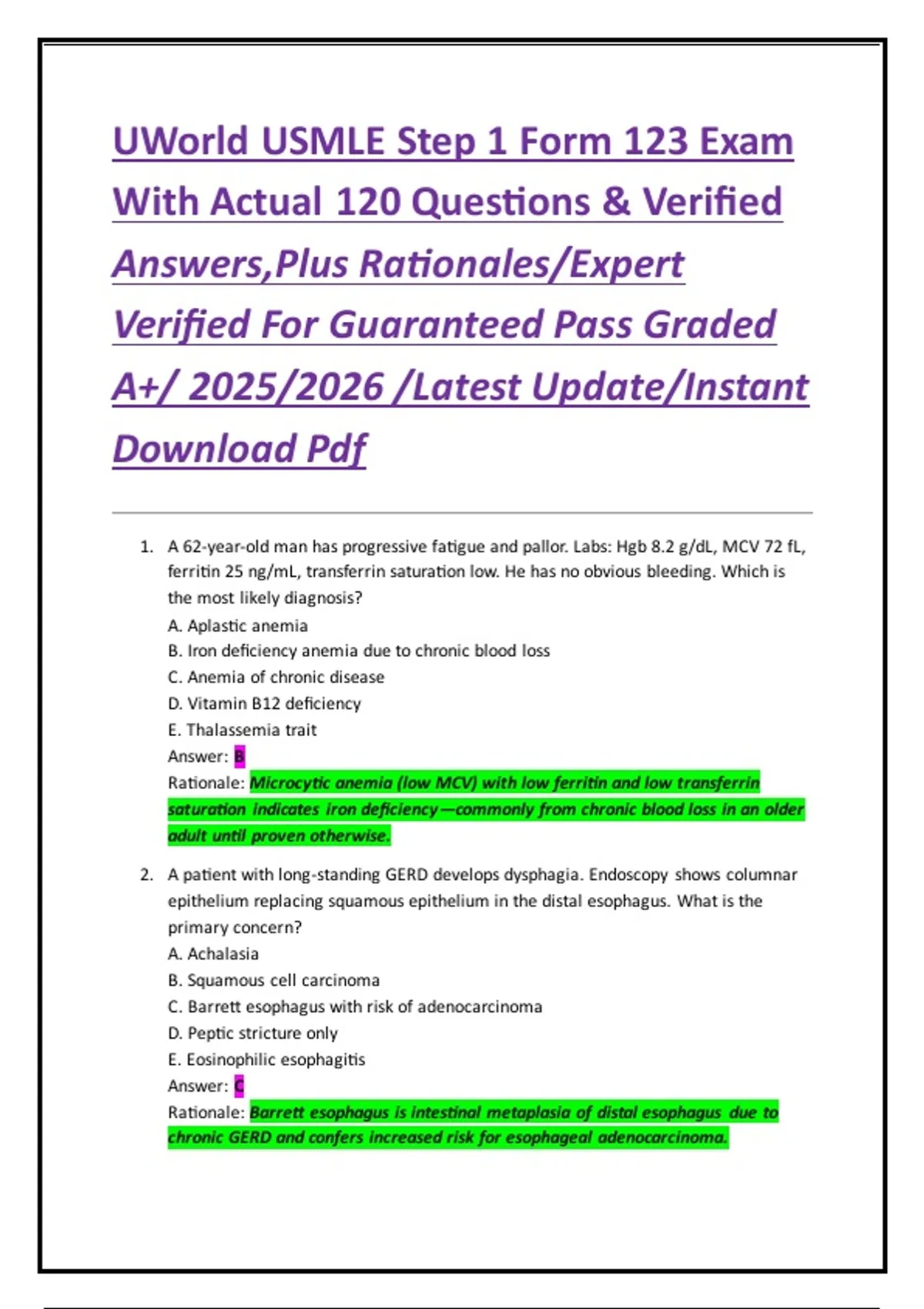Step 123 Plus Process UWorld USMLE Step 1 Form 123 Exam With Actual 120 Questions & Verified ...