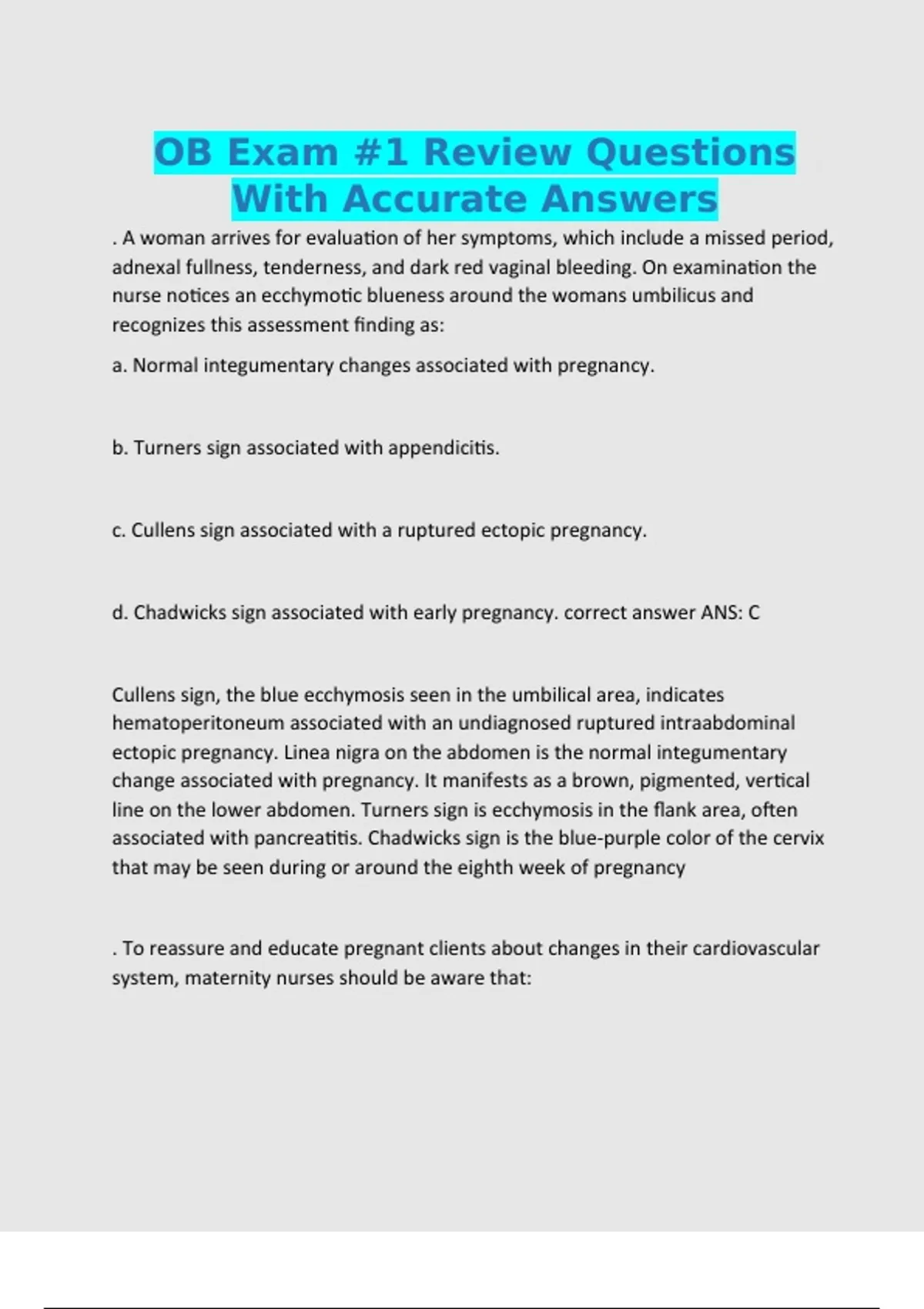 OB Exam #1 Review Questions With Accurate Answers - Ob - Stuvia US