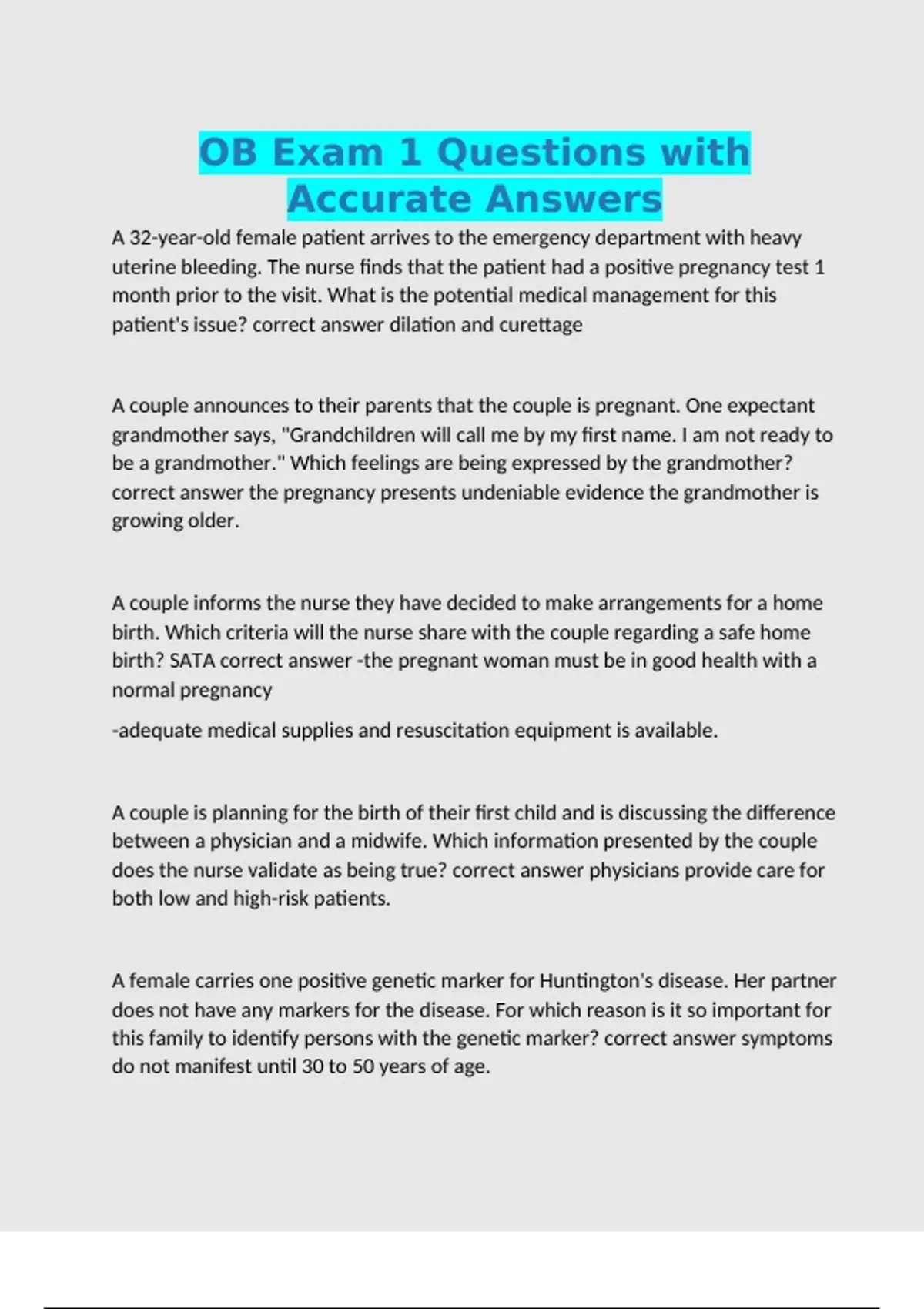OB Exam 1 Questions with Accurate Answers - Ob - Stuvia US