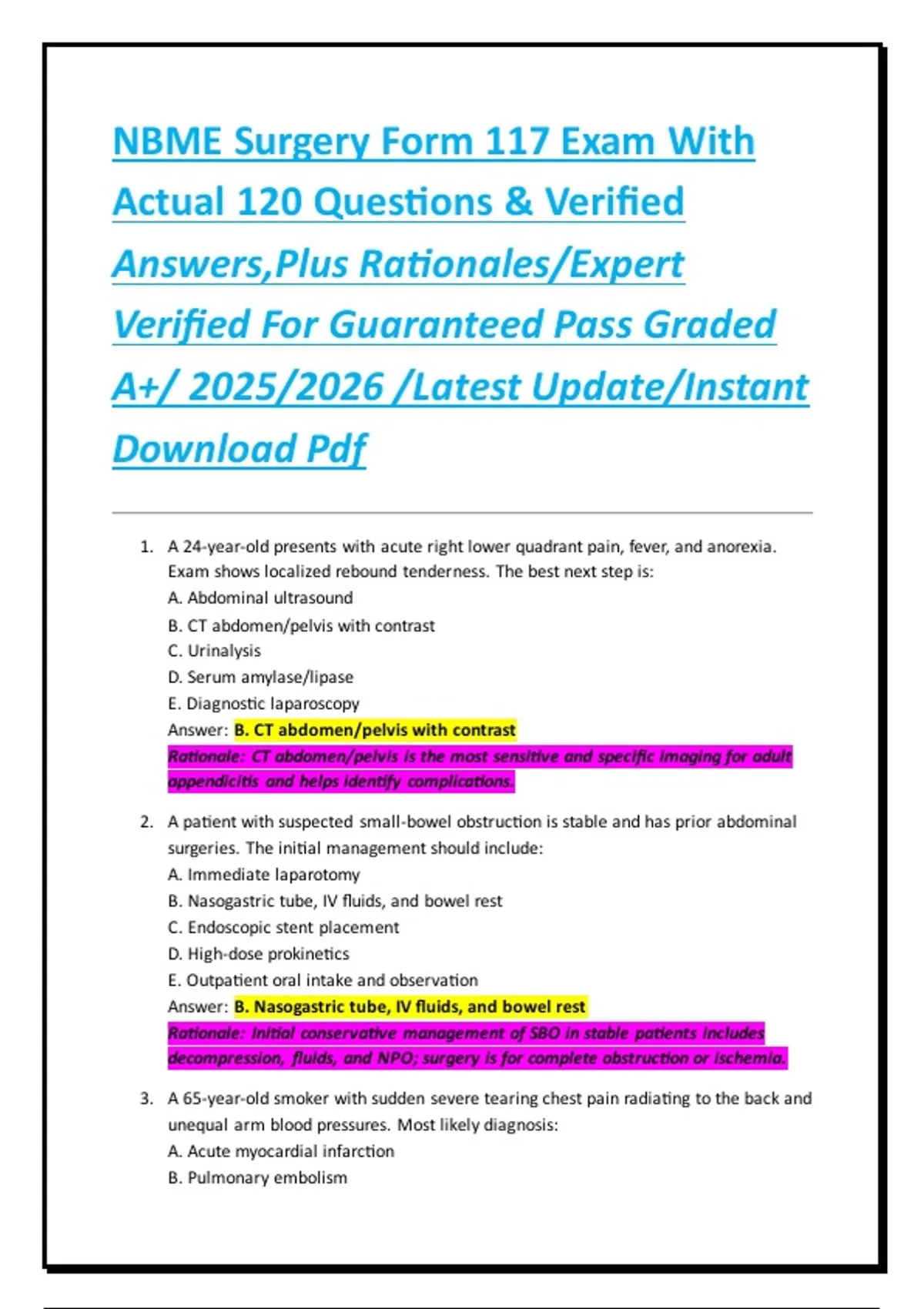 NBME Surgery Form 117 Exam With Actual 120 Questions & Verified Answers ...