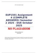EUP1501 Assignment 4 (COMPLETE ANSWERS) Semester 2 2025 - DUE October 2025; 100% TRUSTED Complete, trusted solutions and explanations. Ensure your success with us.. 