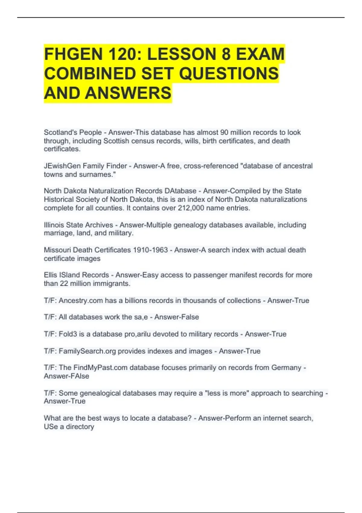 FHGEN 120: LESSON 8 EXAM COMBINED SET QUESTIONS AND ANSWERS - FHGEN 120 ...