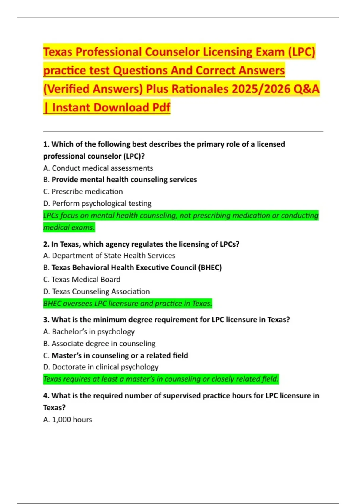 Example Lpc Question For Production Texas Professional Counselor Licensing Exam (LPC) practice test ...